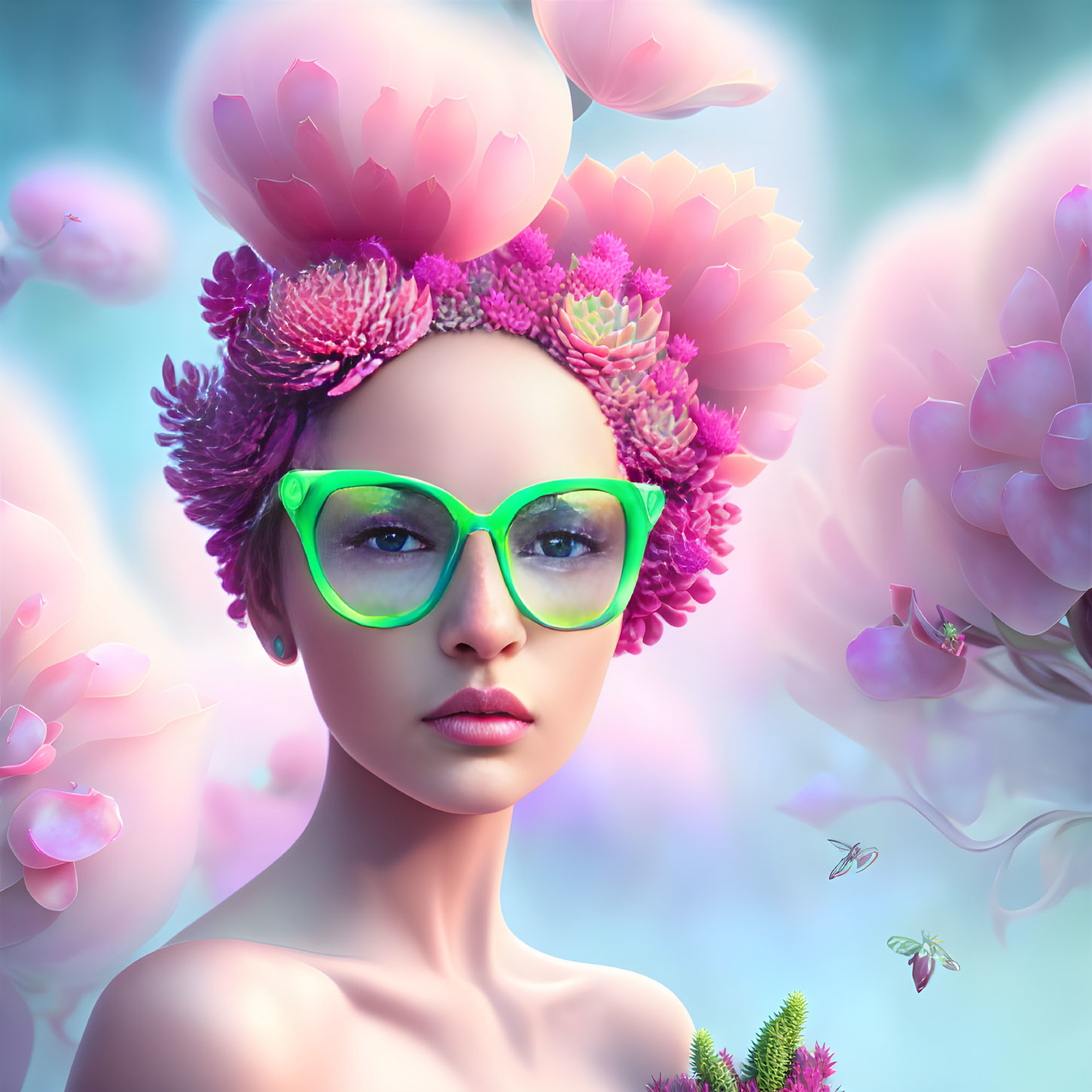 Surreal portrait of woman with floral hairstyle and neon green glasses surrounded by blossoms and whimsical