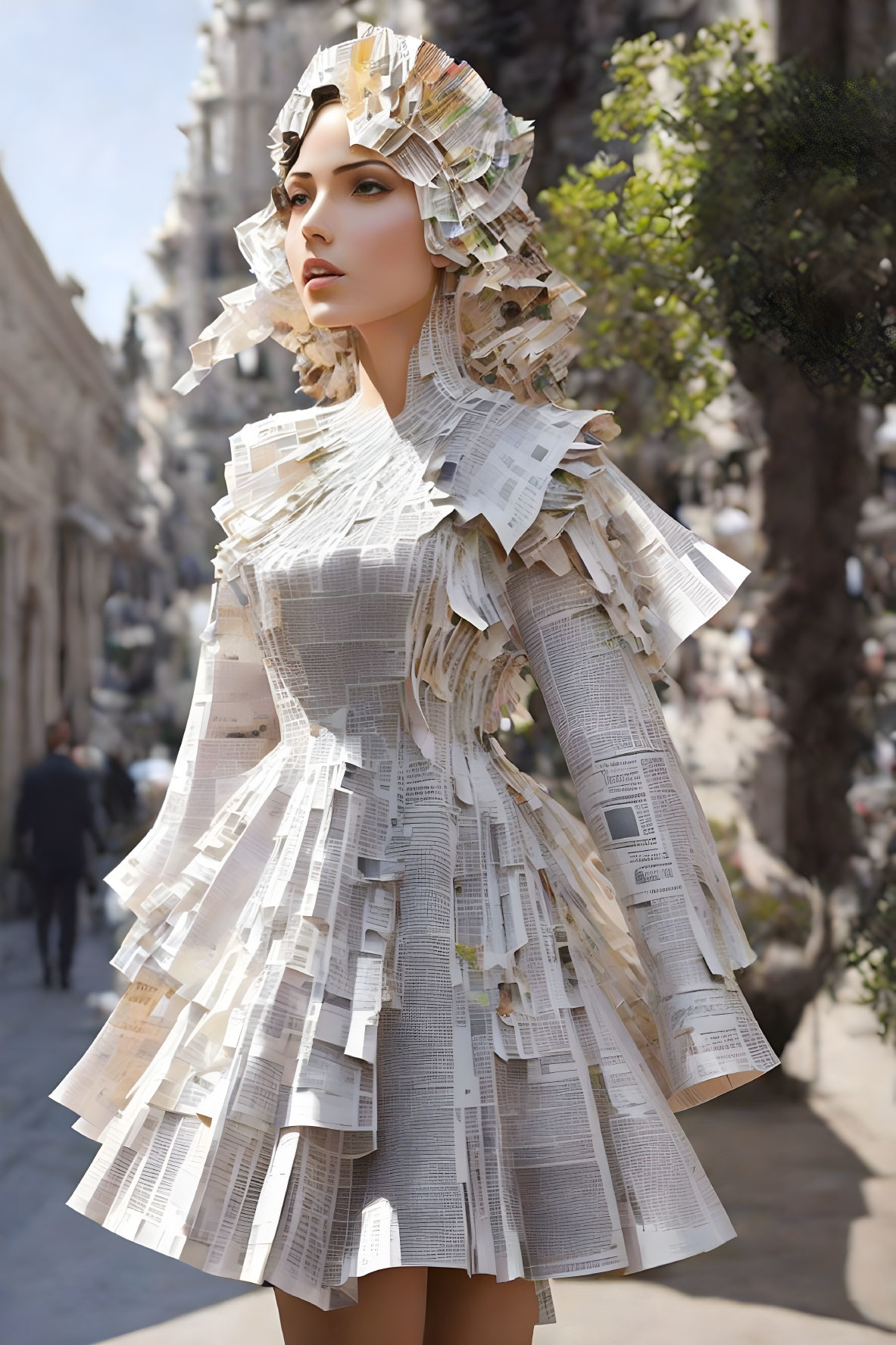 Avant-garde newspaper outfit with layered skirt and headpiece on city street.