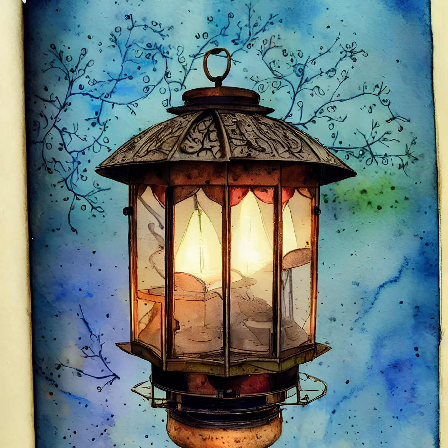 Vintage Lantern Illustration on Whimsical Blue Background with Tree Branches