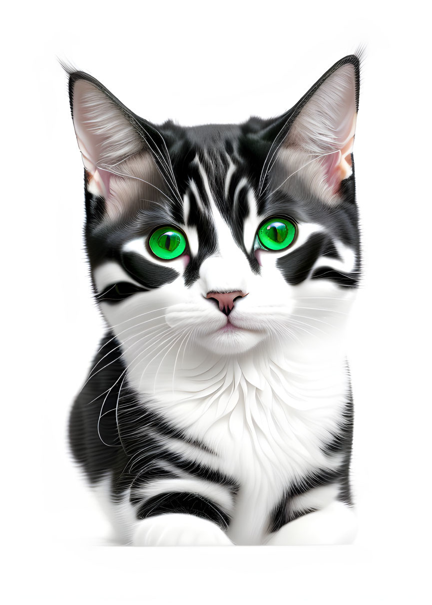 Monochrome cat with green eyes and whiskers on white background