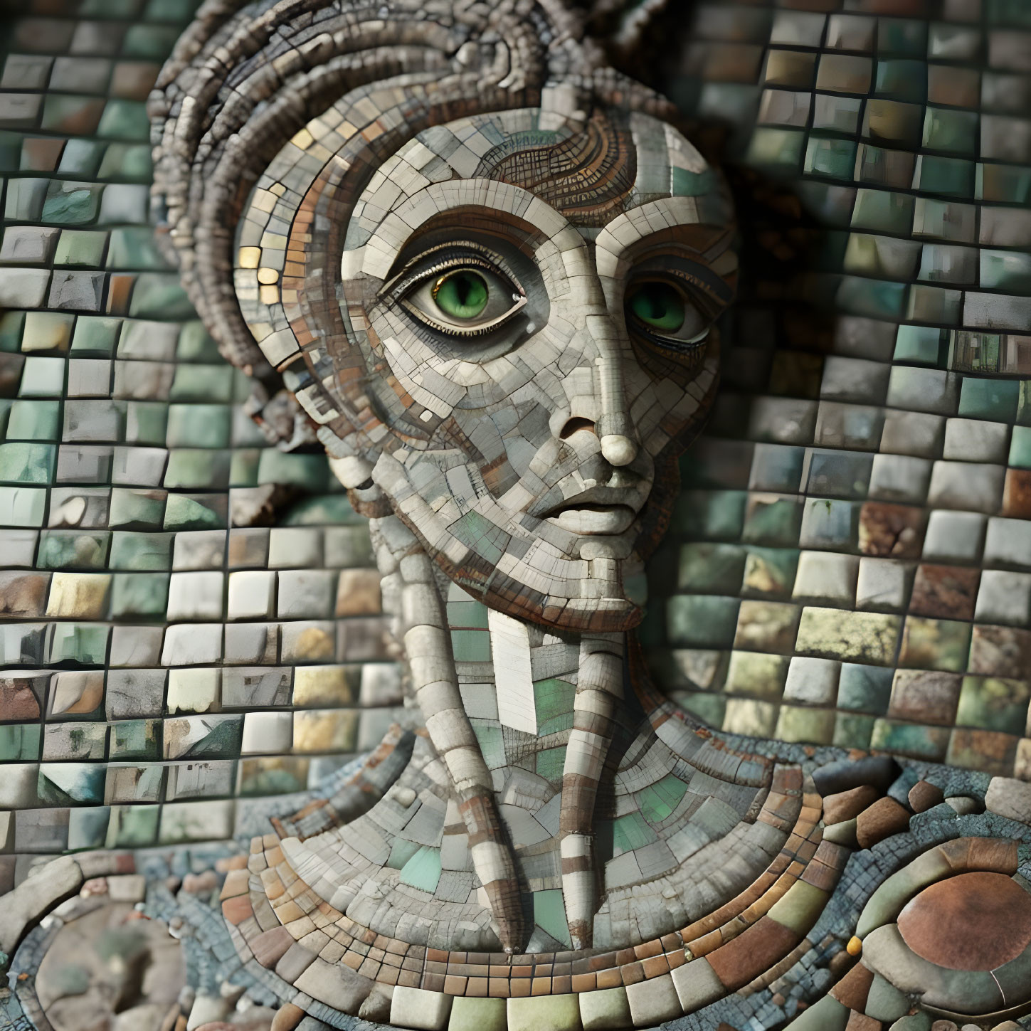 Detailed mosaic sculpture of humanoid face with green eyes