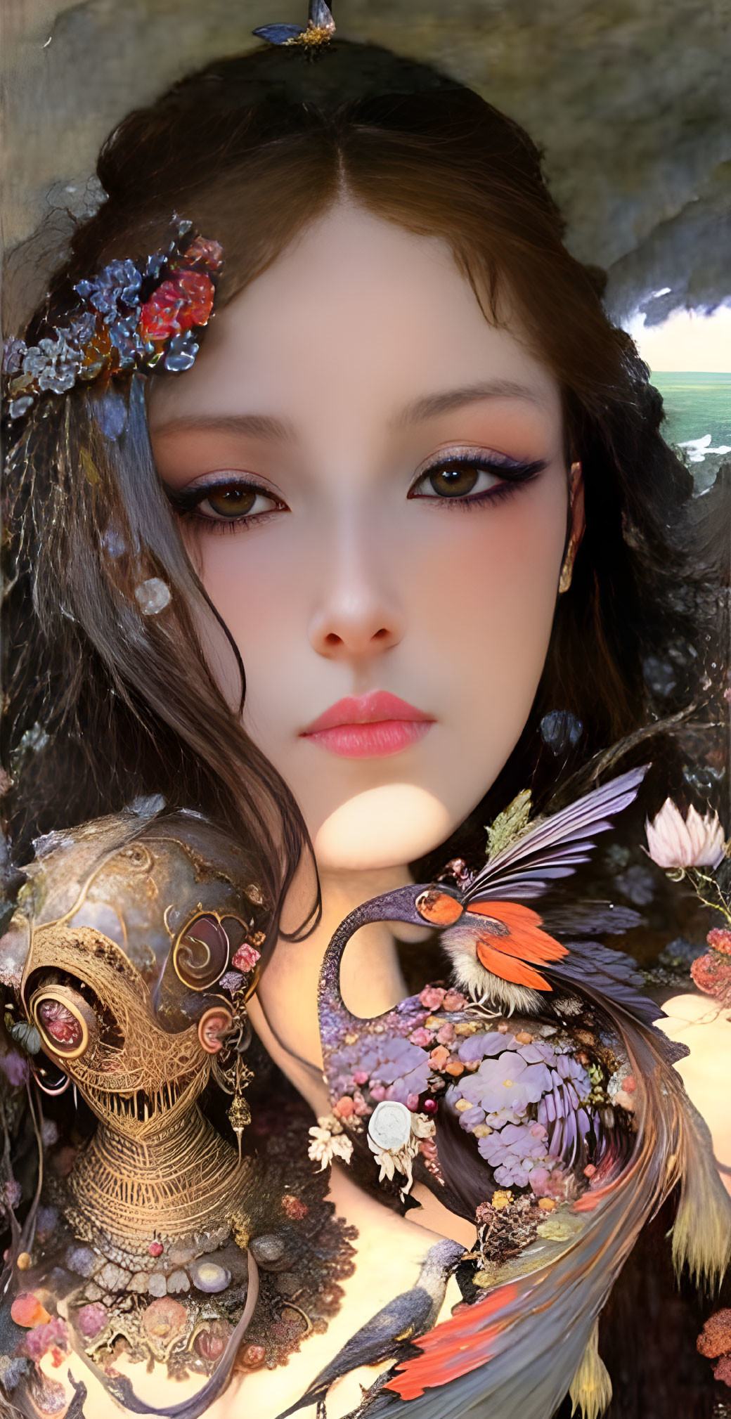 Fantasy portrait of woman with elaborate makeup and flower headdress against dark background.