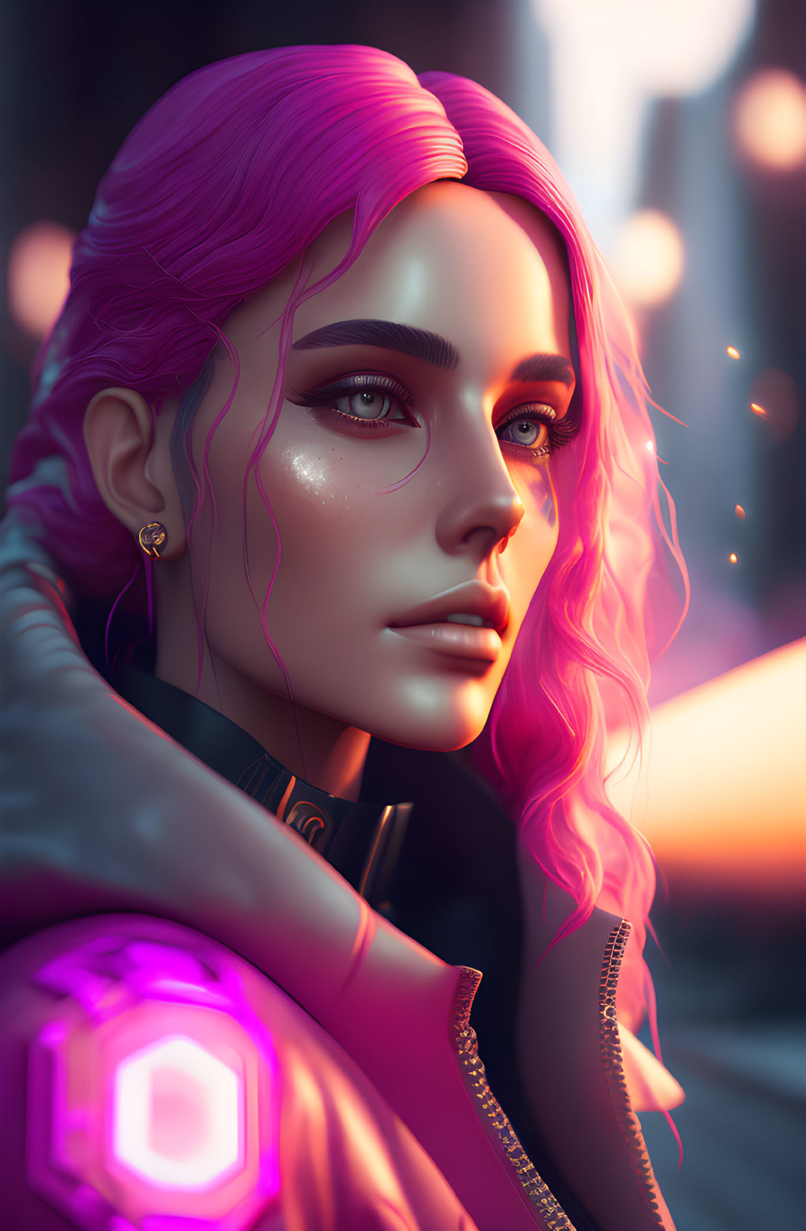 Vibrant pink-haired woman in futuristic cityscape.