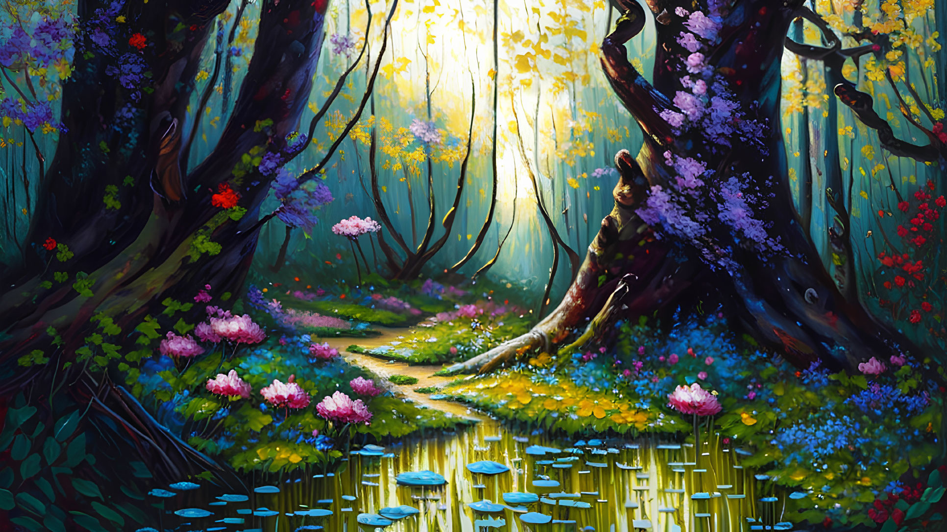 Enchanting forest path with lush foliage and colorful flowers