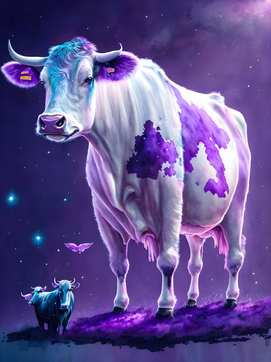 Cosmic-themed illustration of cows in star-filled purple and white coloring