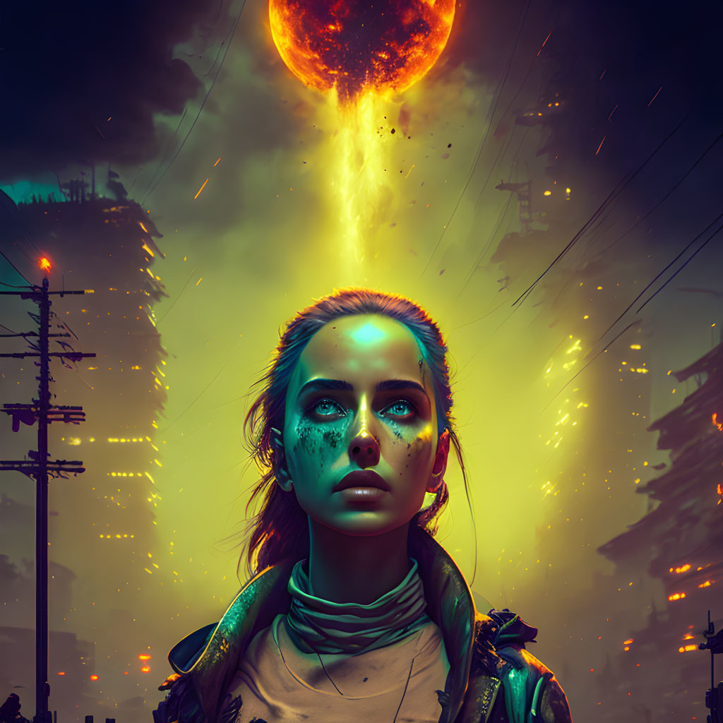 Woman with glowing face markings gazes at fiery meteor and dystopian cityscape