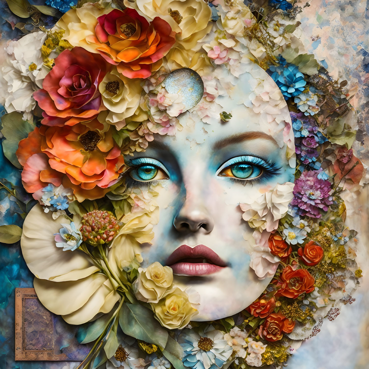 Surreal woman's face with blue eyes and vibrant floral bouquet