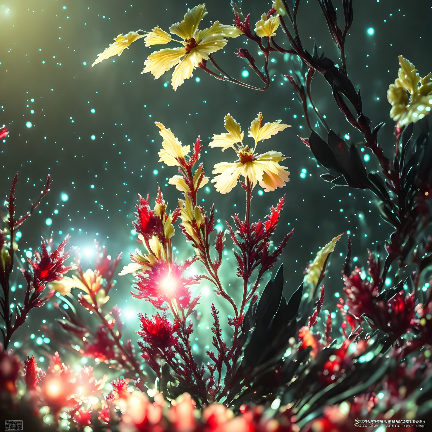 Vibrant yellow flowers in red foliage under starry night sky