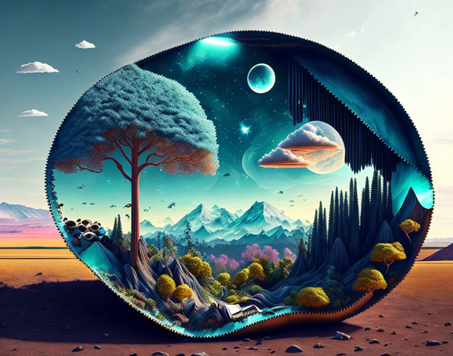 Circular Frame: Day to Night Surreal Landscape with Tree, Mountains, and Celestial Bodies