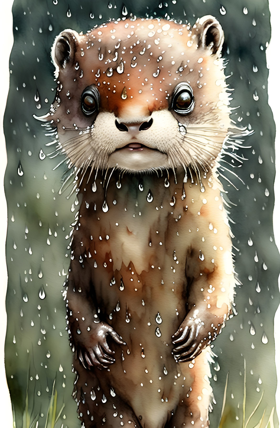 Anthropomorphic otter illustration in rain.