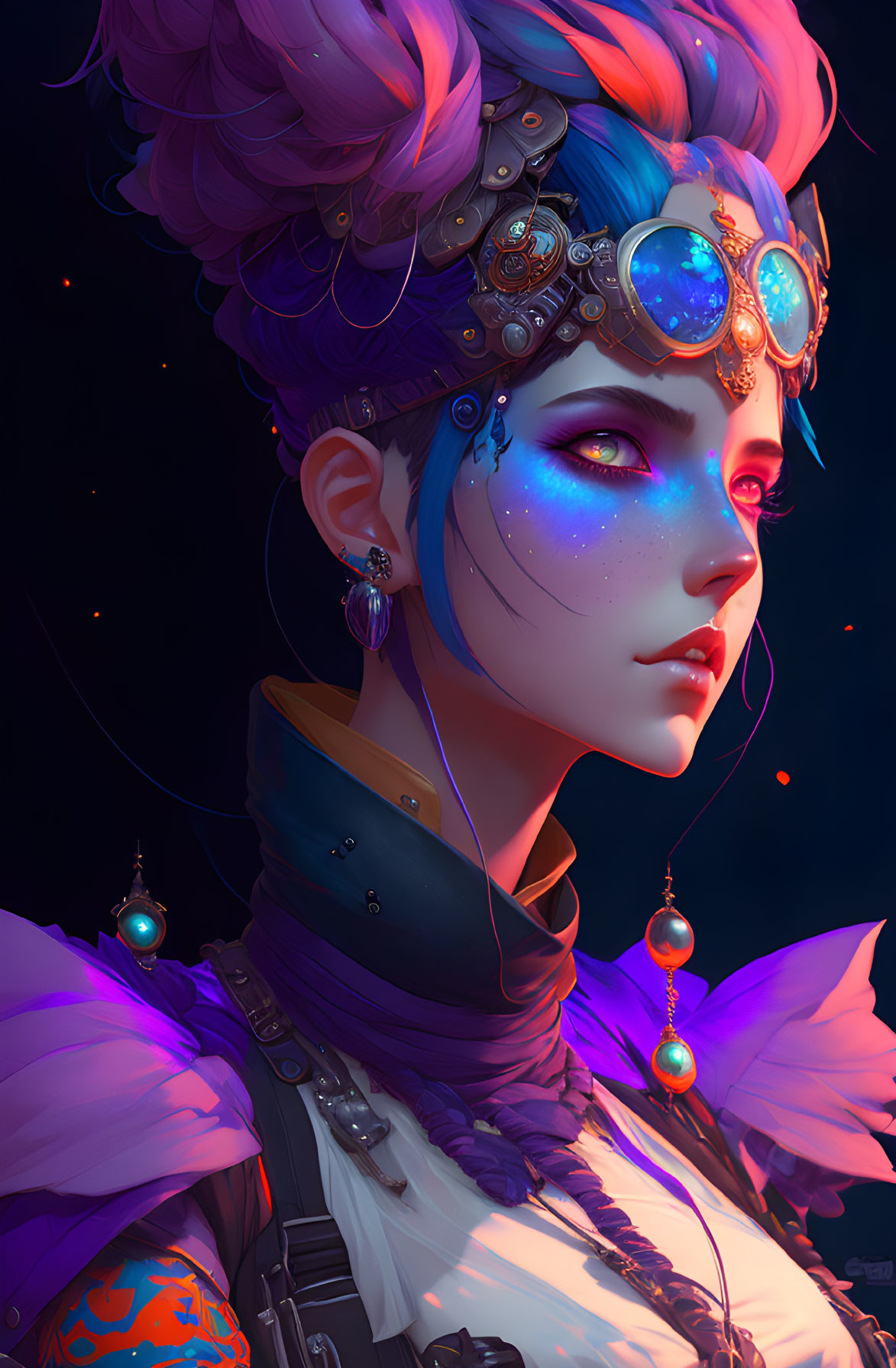 Colorful Woman with Ornate Headgear and Steampunk-Inspired Goggles