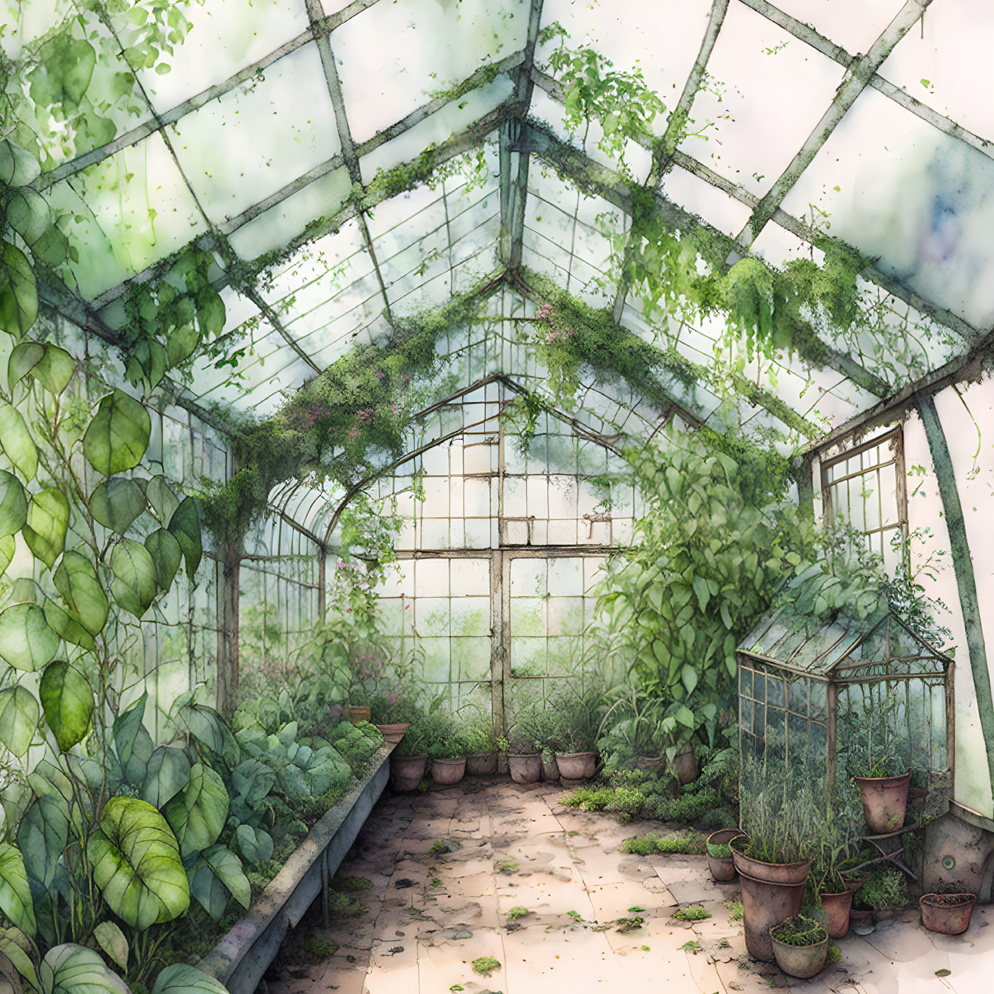 Lush greenhouse with various plants, pots, glass terrarium, and sunlight filtering through