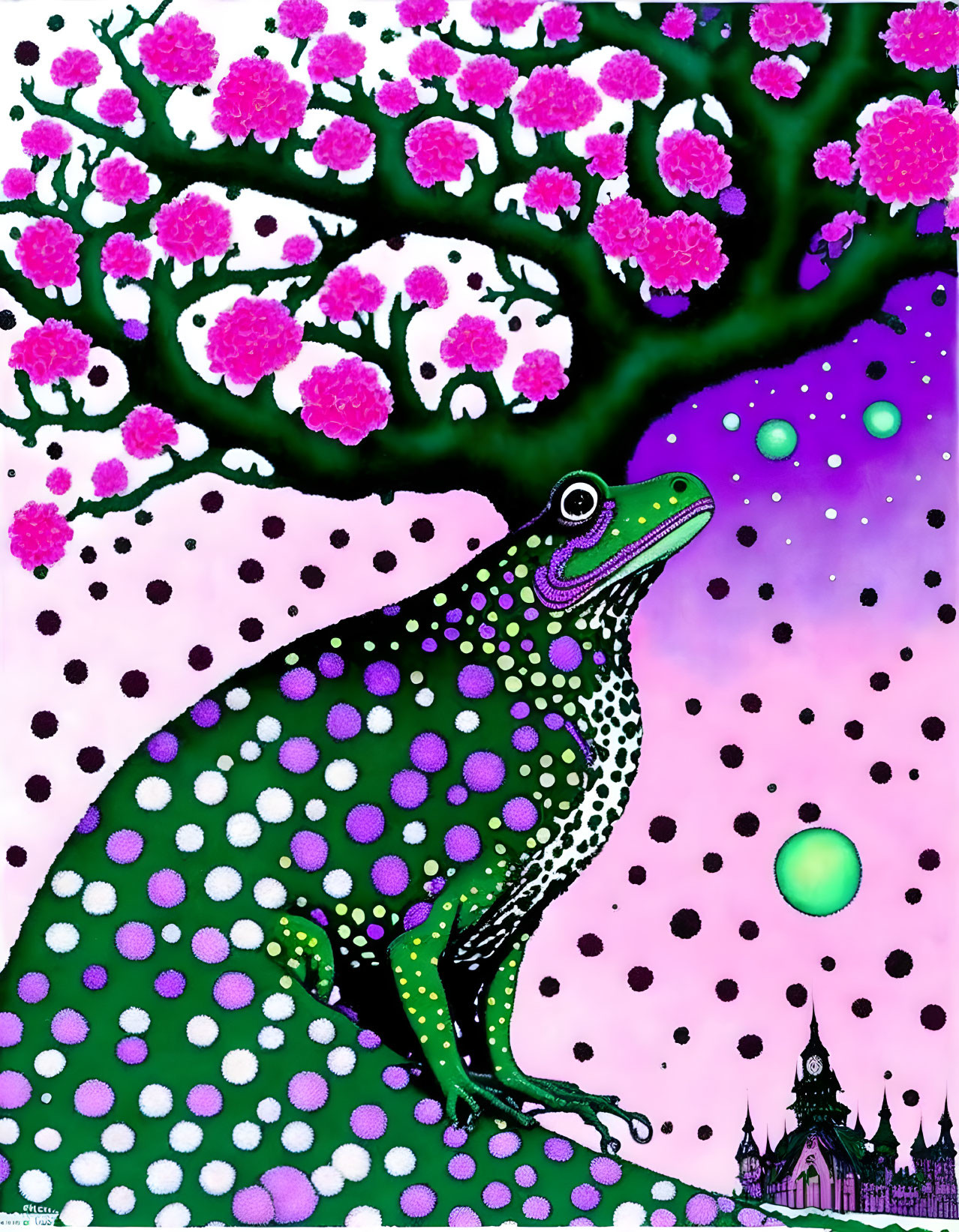 Colorful Stylized Frog Under Tree with Castle and Orb in Purple Sky