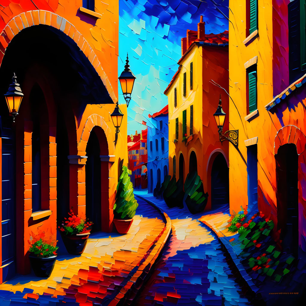 Colorful Stylized Painting: Cobblestone Street & Old Buildings