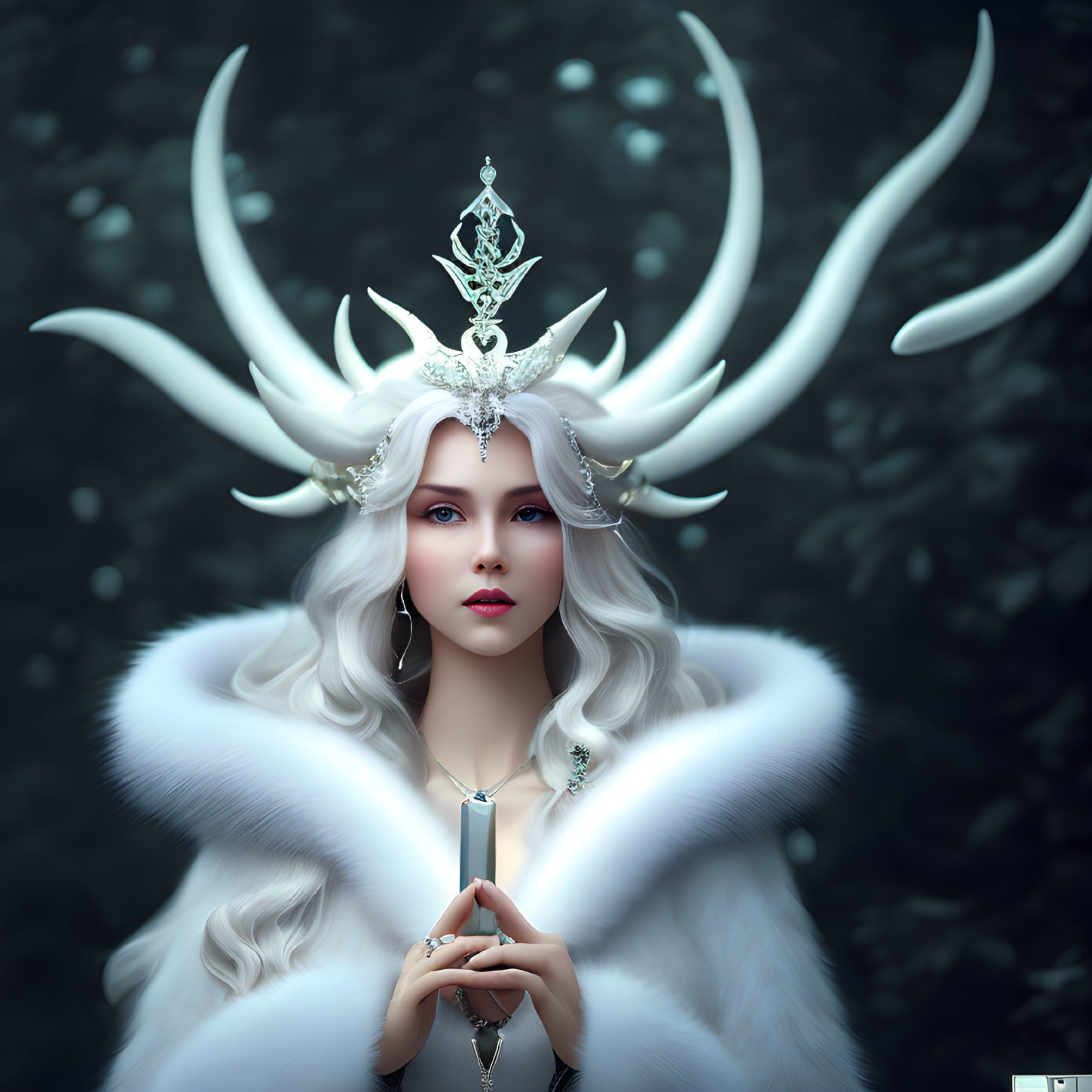 Fantasy figure with white hair and antler-like crown holding a candle