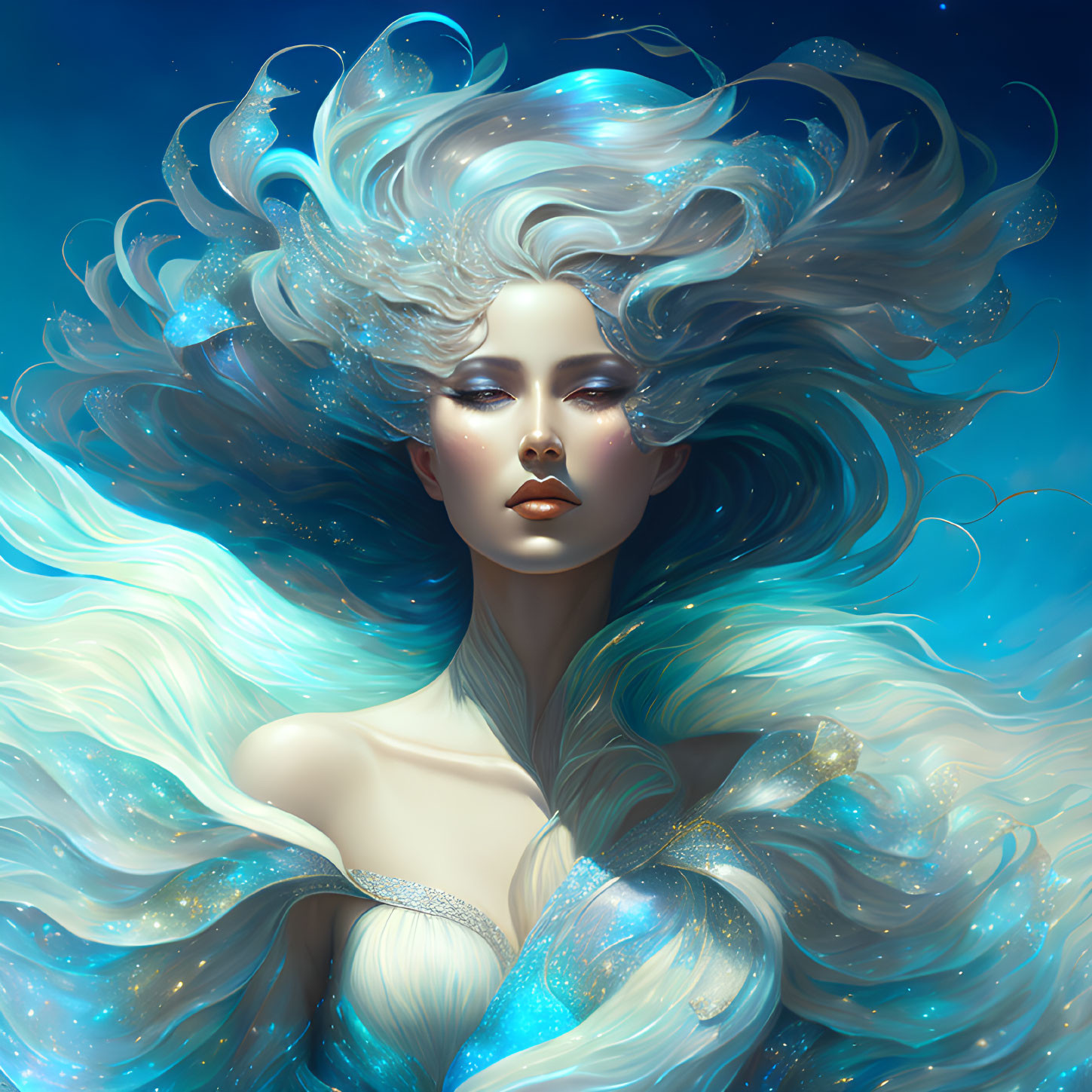 Ethereal female figure with wavy hair in starry blue background