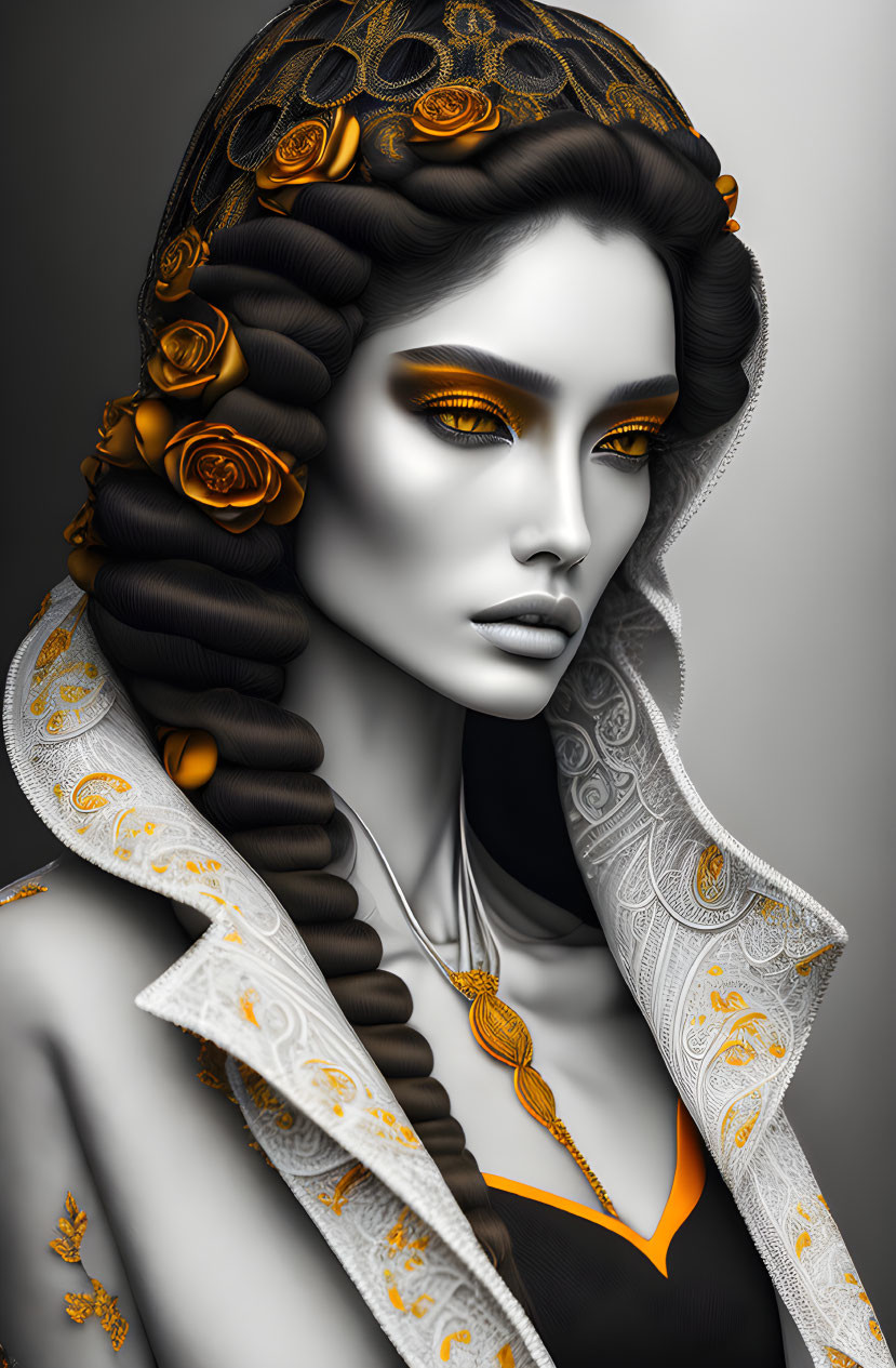 Monochromatic portrait of woman with golden eyes and lips, black curls, gold roses, and white