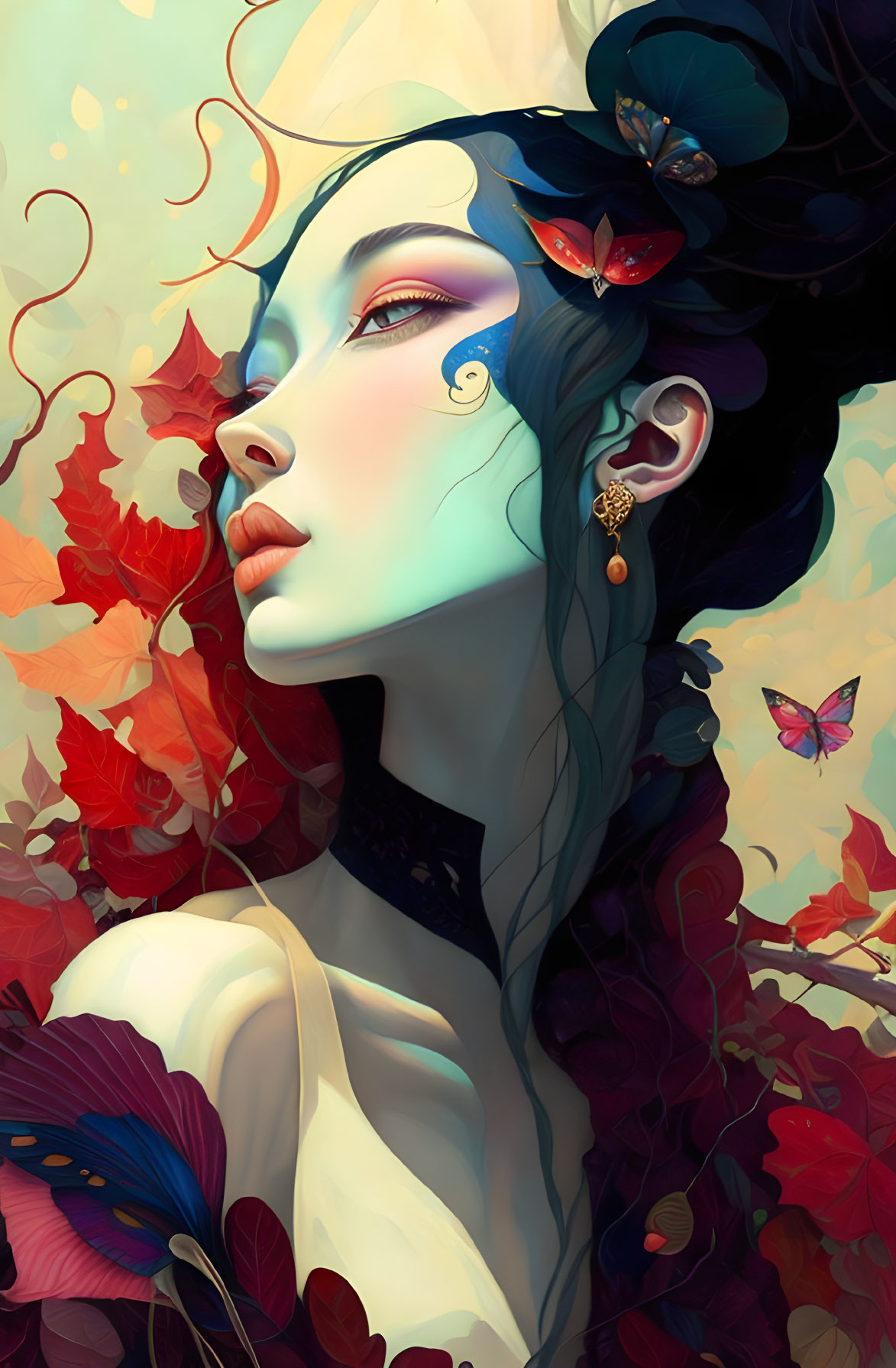 Digital portrait of woman with autumn leaves & butterflies, vibrant colors and intricate detailing.