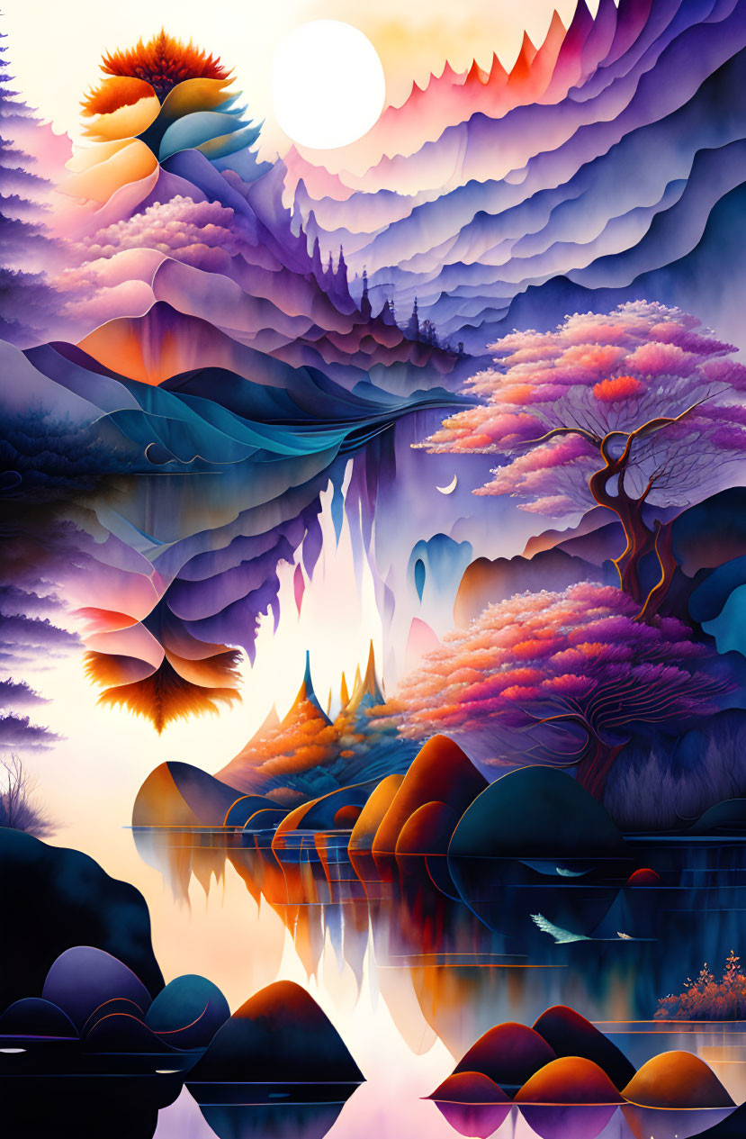 Colorful surreal landscape with layered mountains and reflective lake