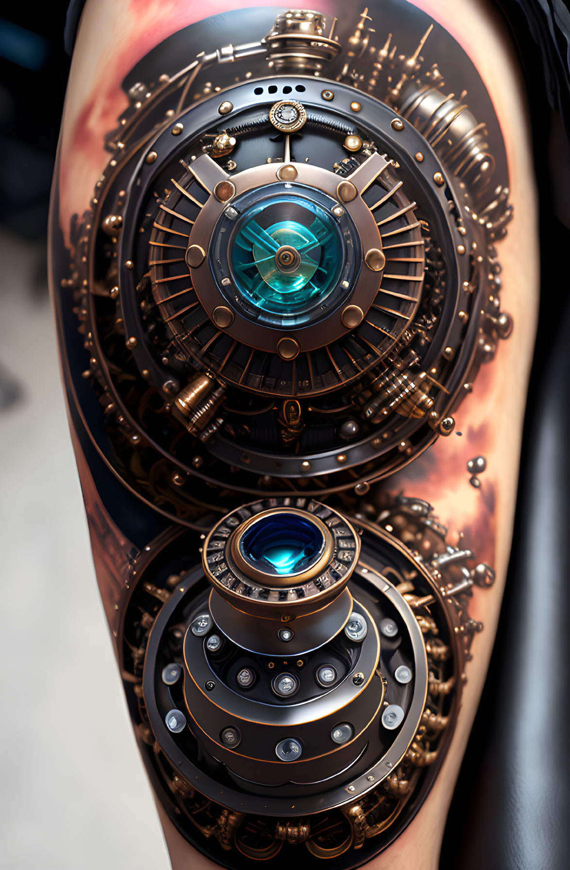 Detailed Steampunk Arm Tattoo with Gears and Blue Glow