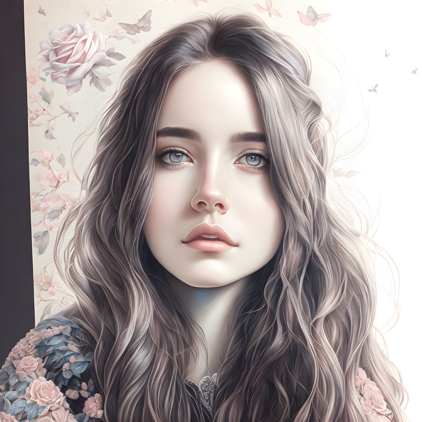 Portrait of girl with wavy hair, blue eyes, and floral butterflies