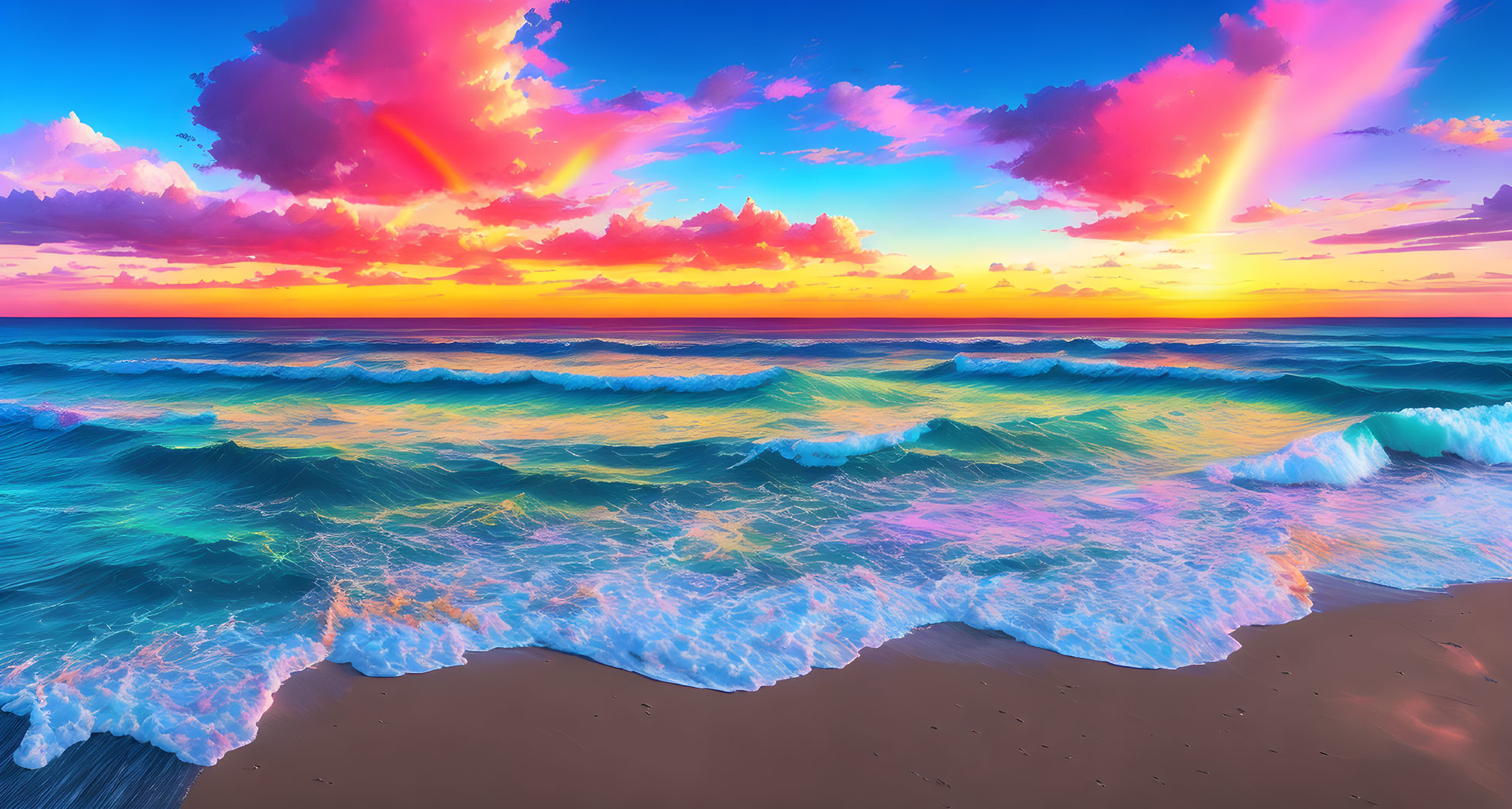 Scenic beach sunset with pink and yellow clouds above teal waves