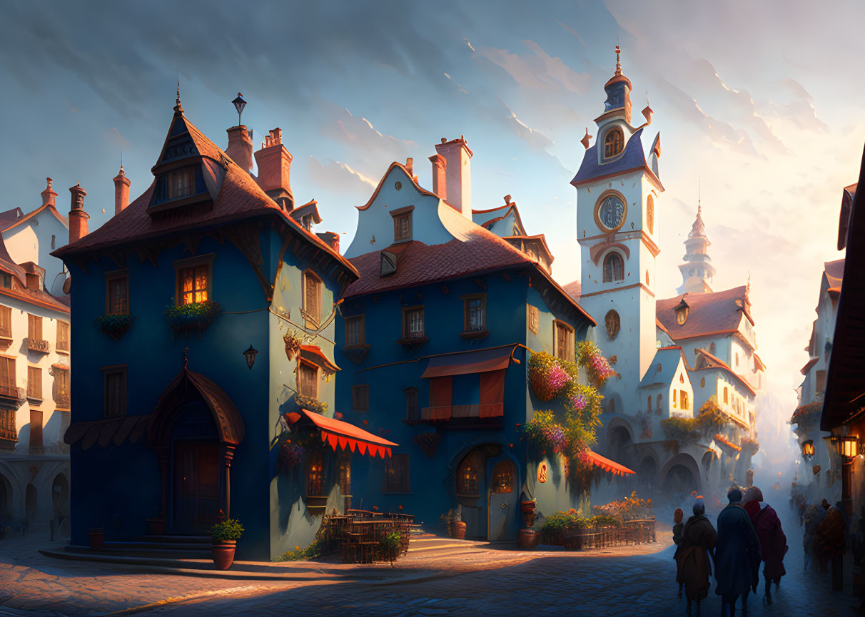 Medieval town with cobblestone streets, clock tower, and dramatic sky at dusk