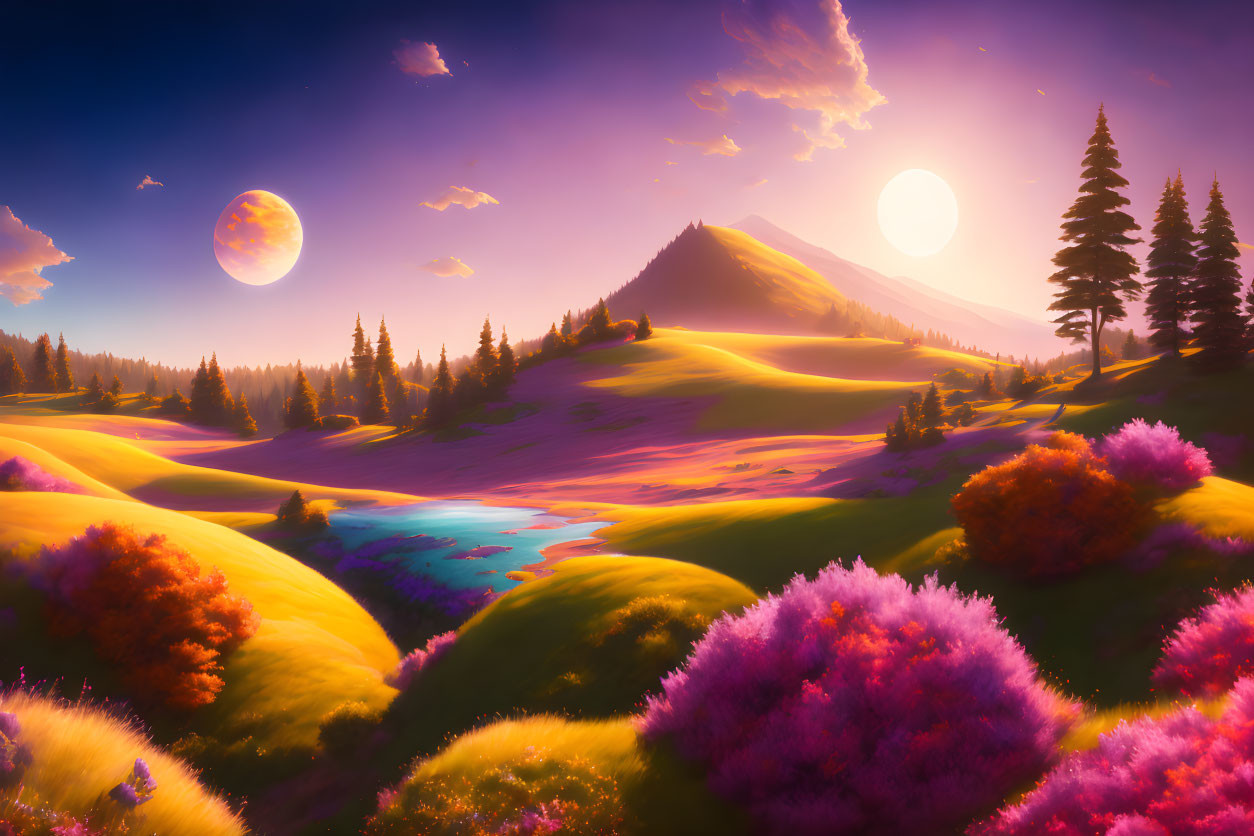 Fantasy landscape with purple foliage, rolling hills, serene lake, setting sun, and two moons