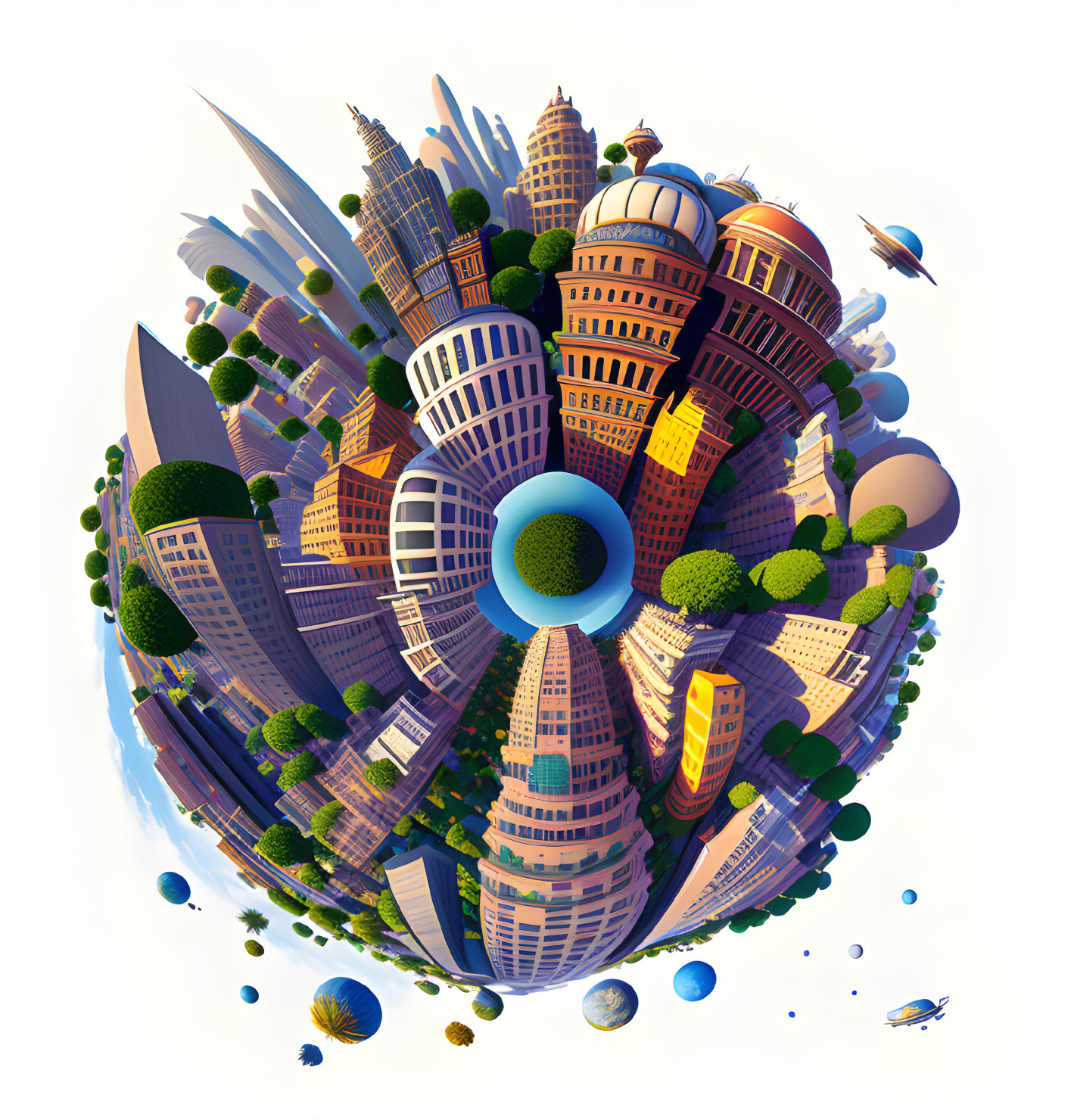 Spherical panorama of stylized buildings, foliage, and floating islands