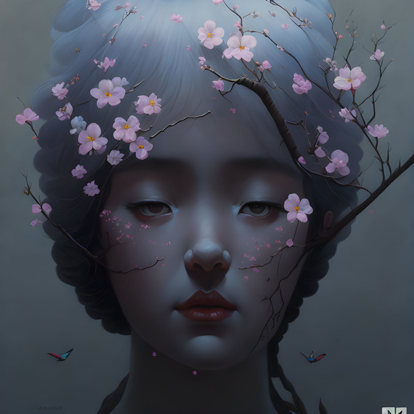 Portrait of a person with cherry blossoms, branches, butterflies, and muted colors