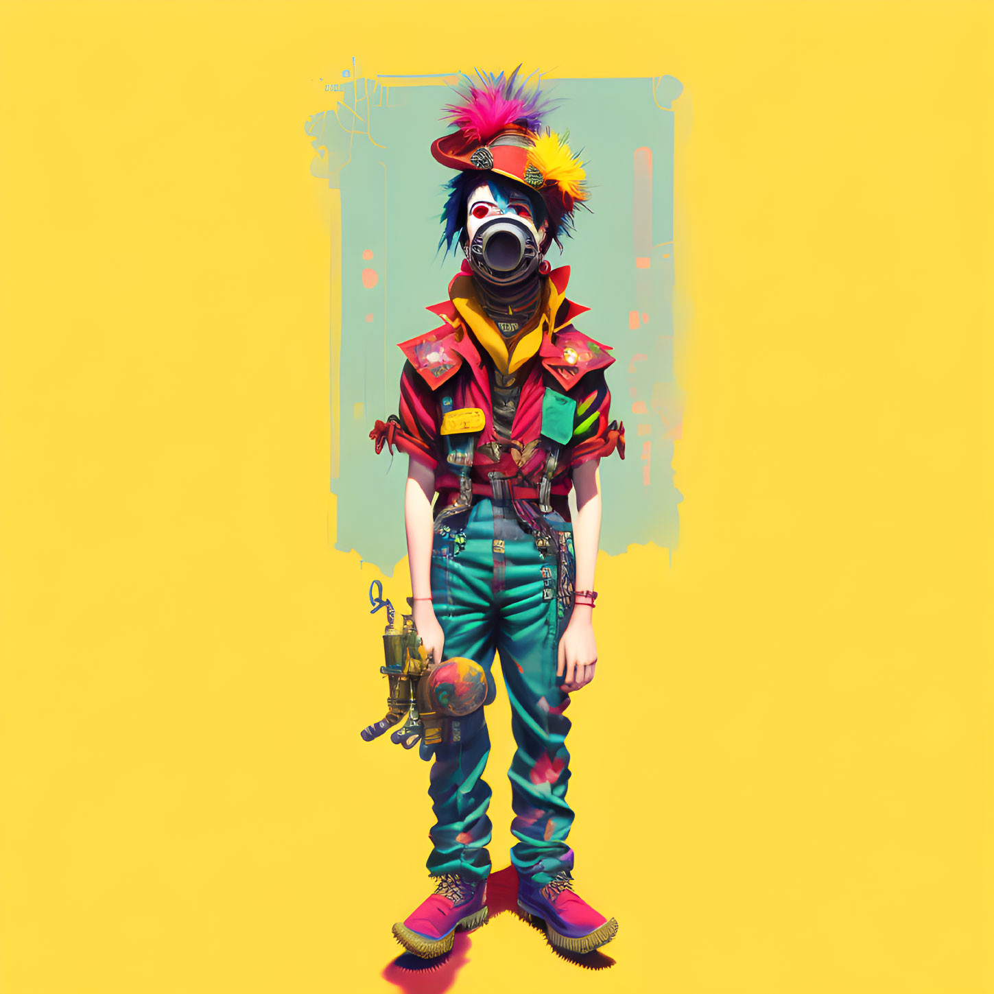 Person in punk-style attire with gas mask on yellow background and paint splashes