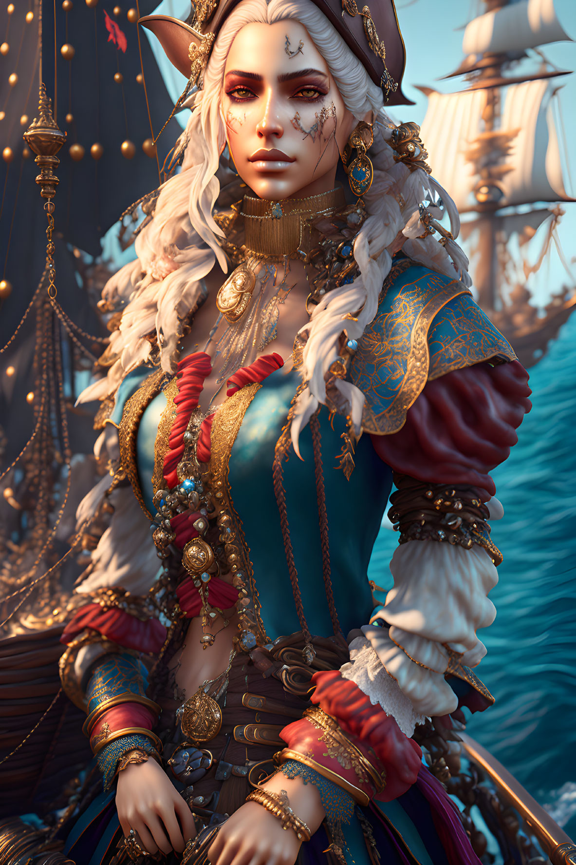 Fantasy pirate digital artwork with ornate clothing and elf-like ears