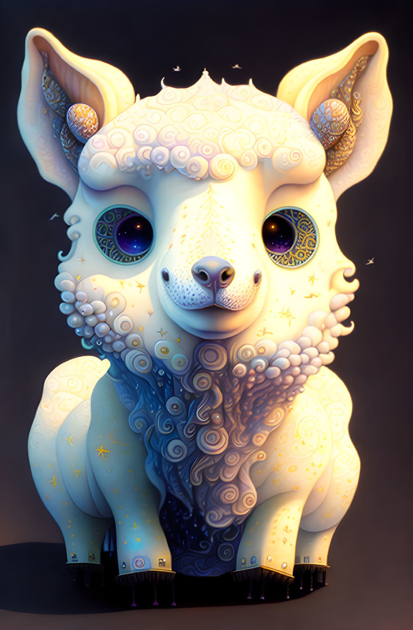 Fantastical lamb creature with expressive eyes and ornate patterns on moody background