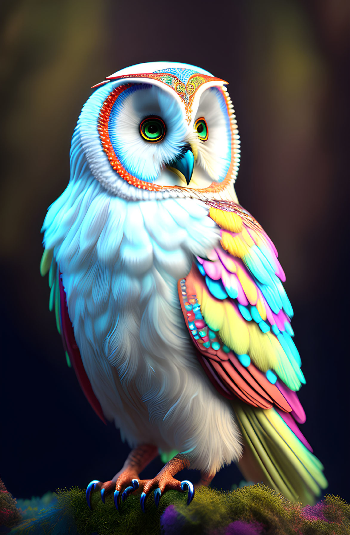 Vibrant digital artwork: Colorful owl with intricate markings on mossy surface