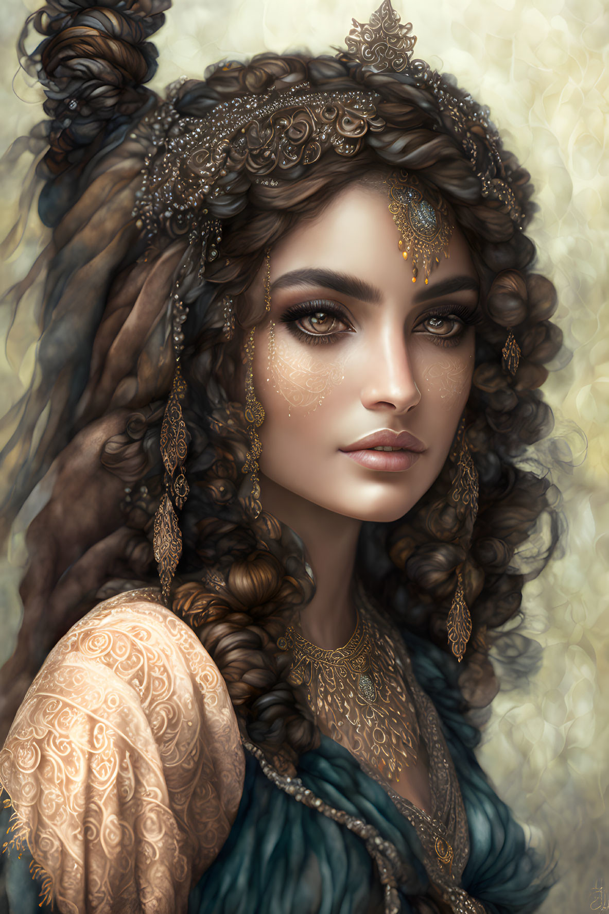 Elaborate fantasy-themed digital portrait with golden accents