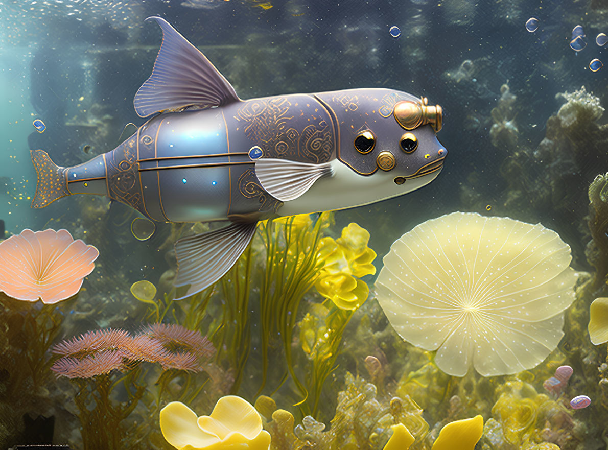 Steampunk-style robotic fish among underwater flora and bubbles