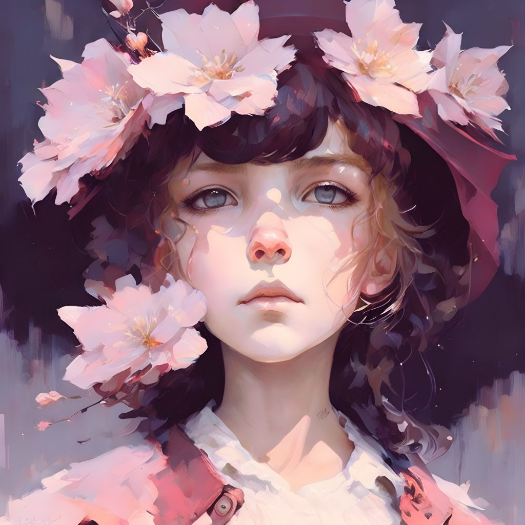 Digital artwork featuring girl with large eyes in pink cherry blossoms