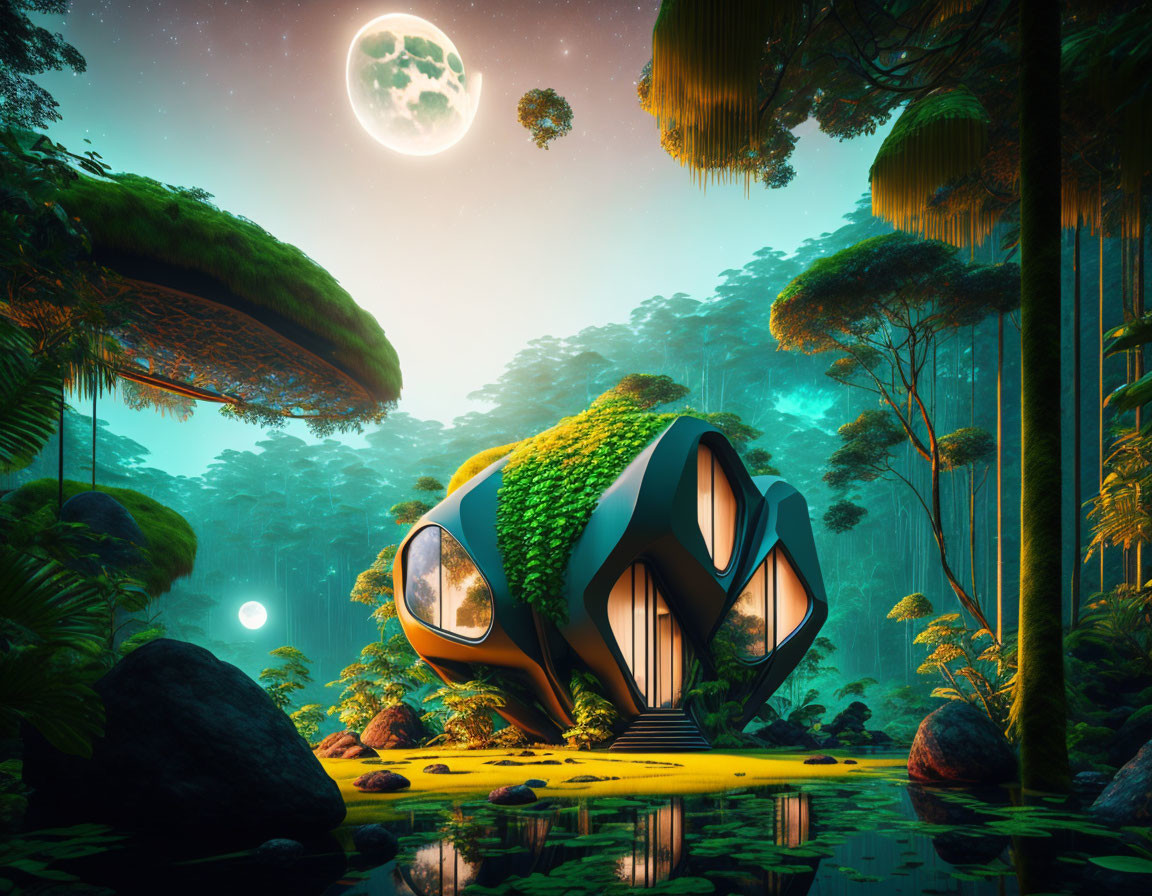 Futuristic pod-shaped house in lush jungle with floating islands