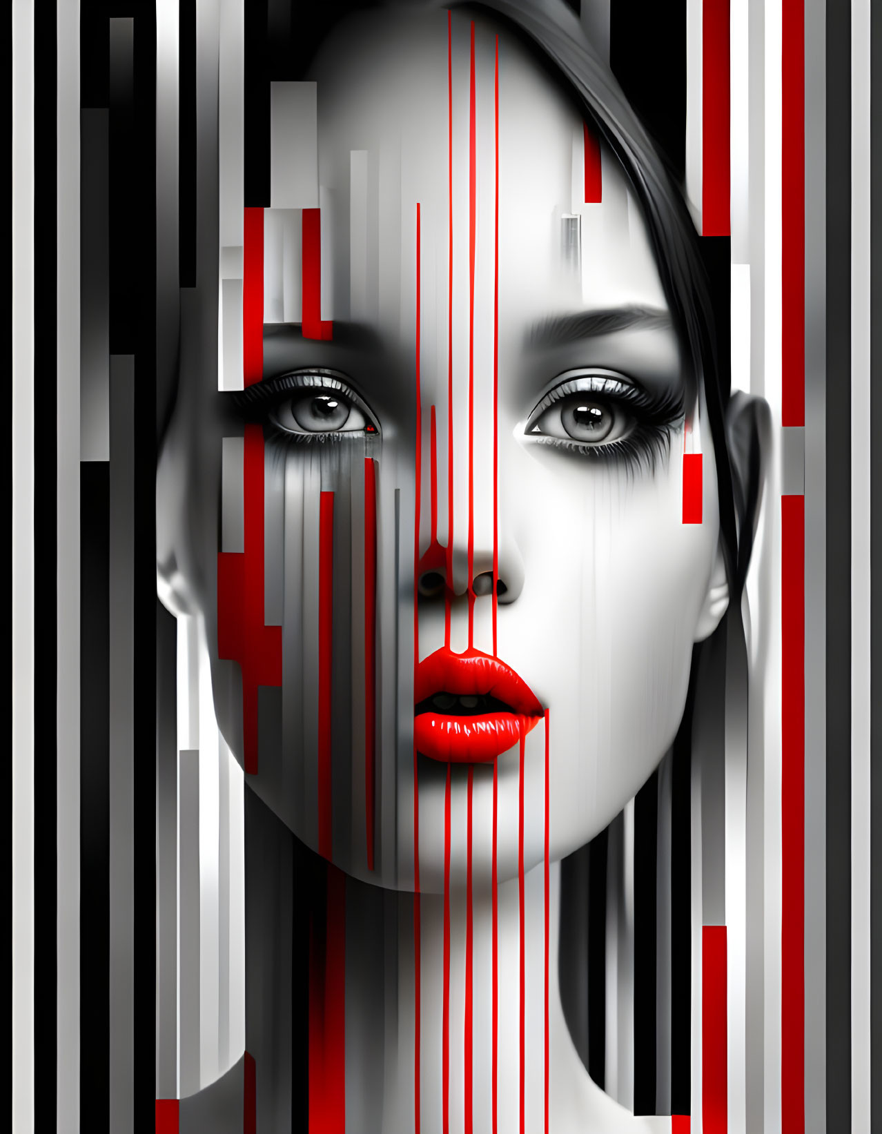 Monochrome portrait of a woman with vibrant red lips and abstract red & black lines