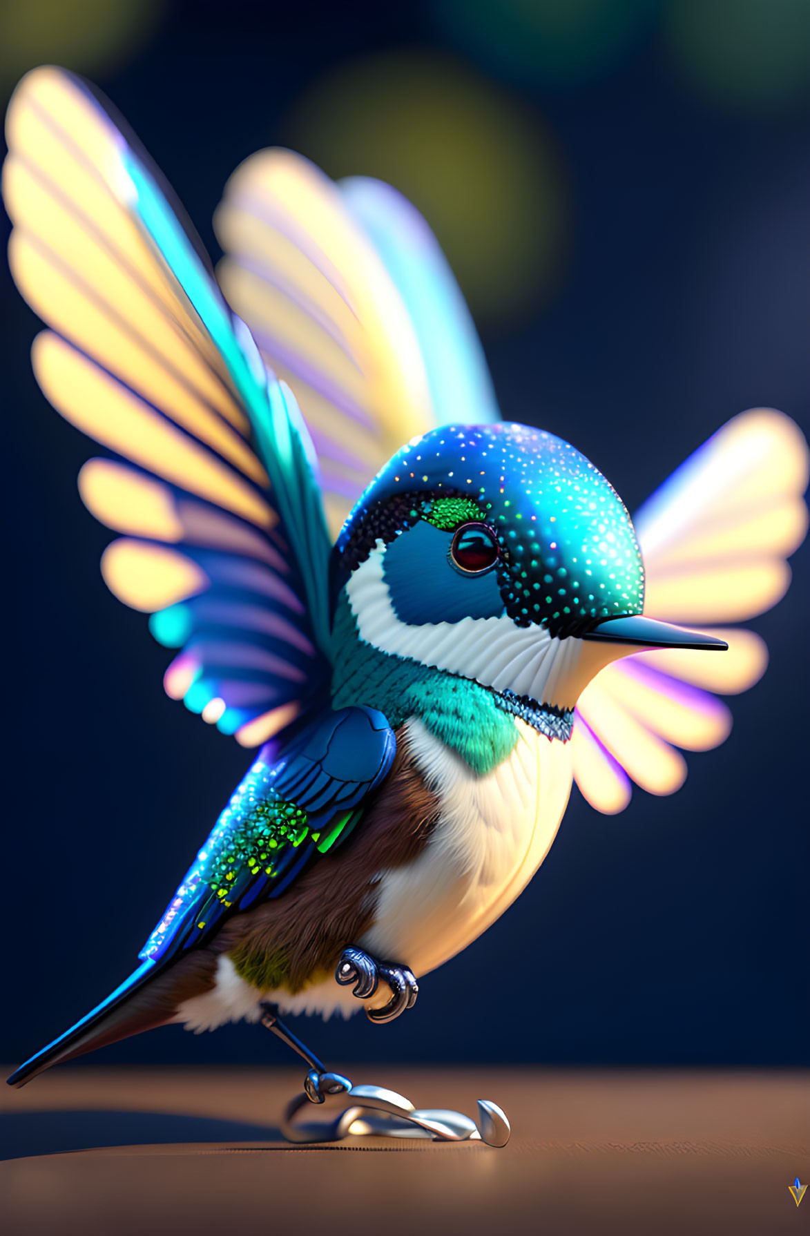 Colorful Digital Image of Bird with Spread Wings on Metallic Perch