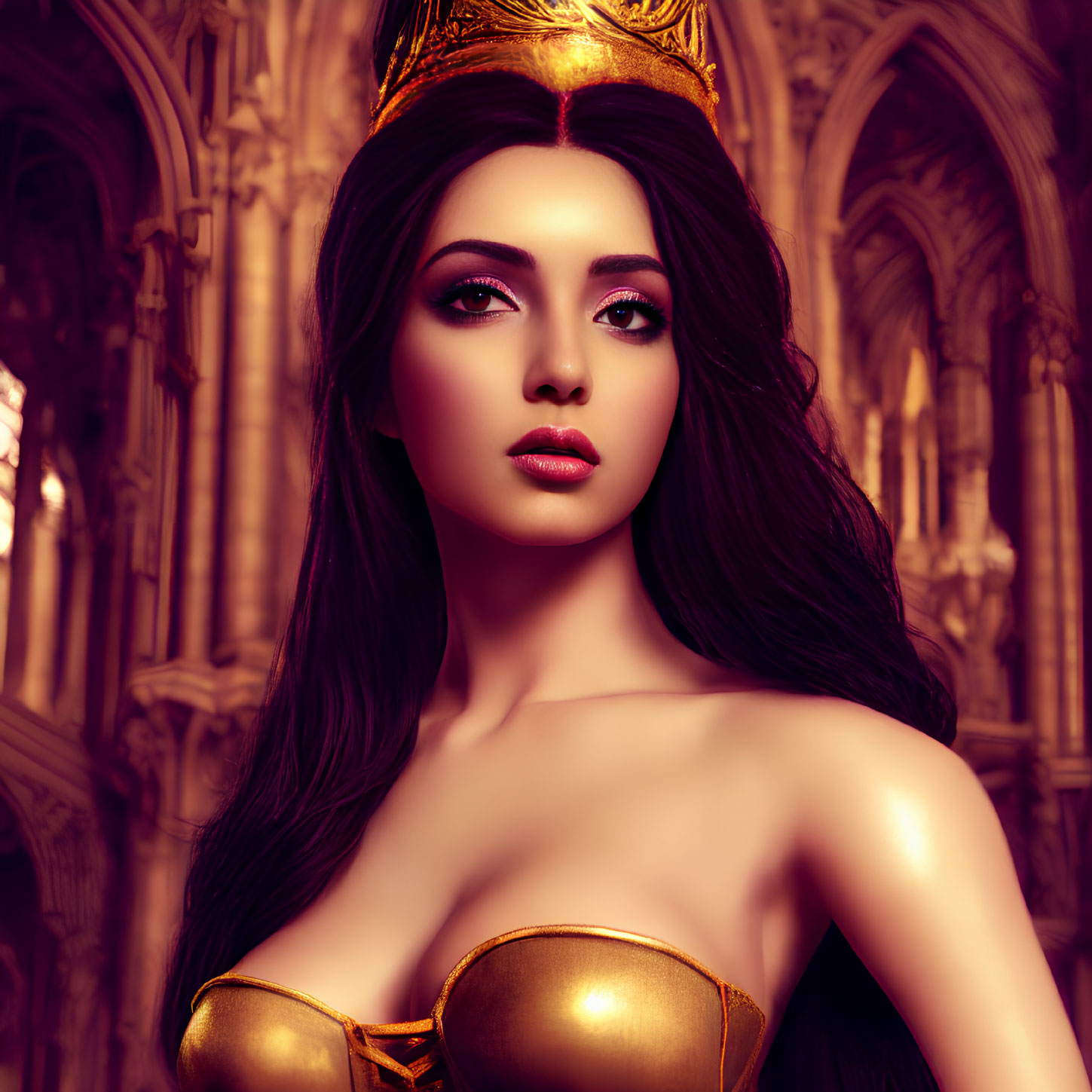 Animated queen with golden crown and bodice in gothic cathedral