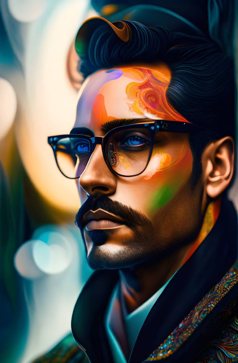 Colorful digital portrait of a man with glasses and intricate patterns.