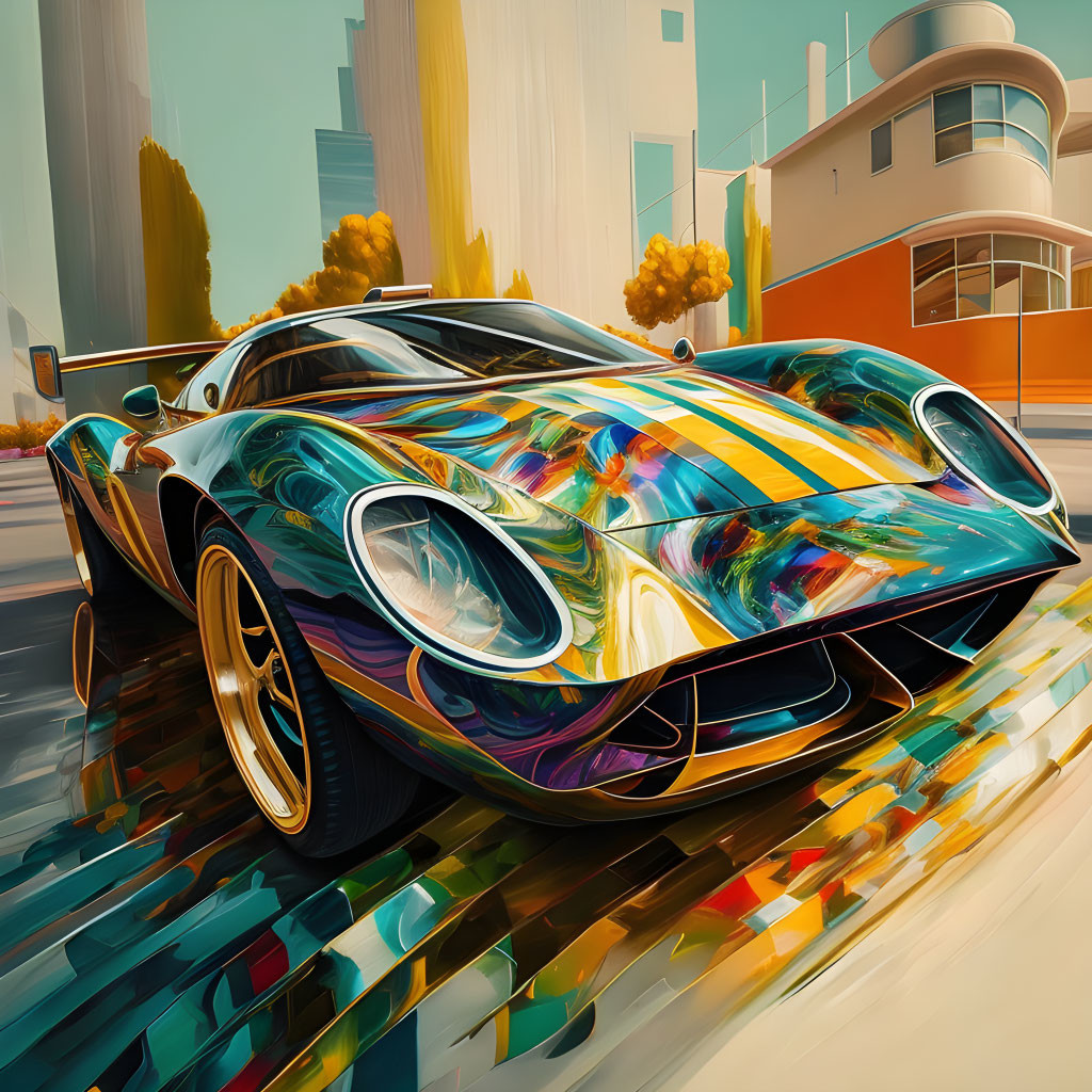 Colorful Abstract Design of Classic Sports Car on Sunlit Street