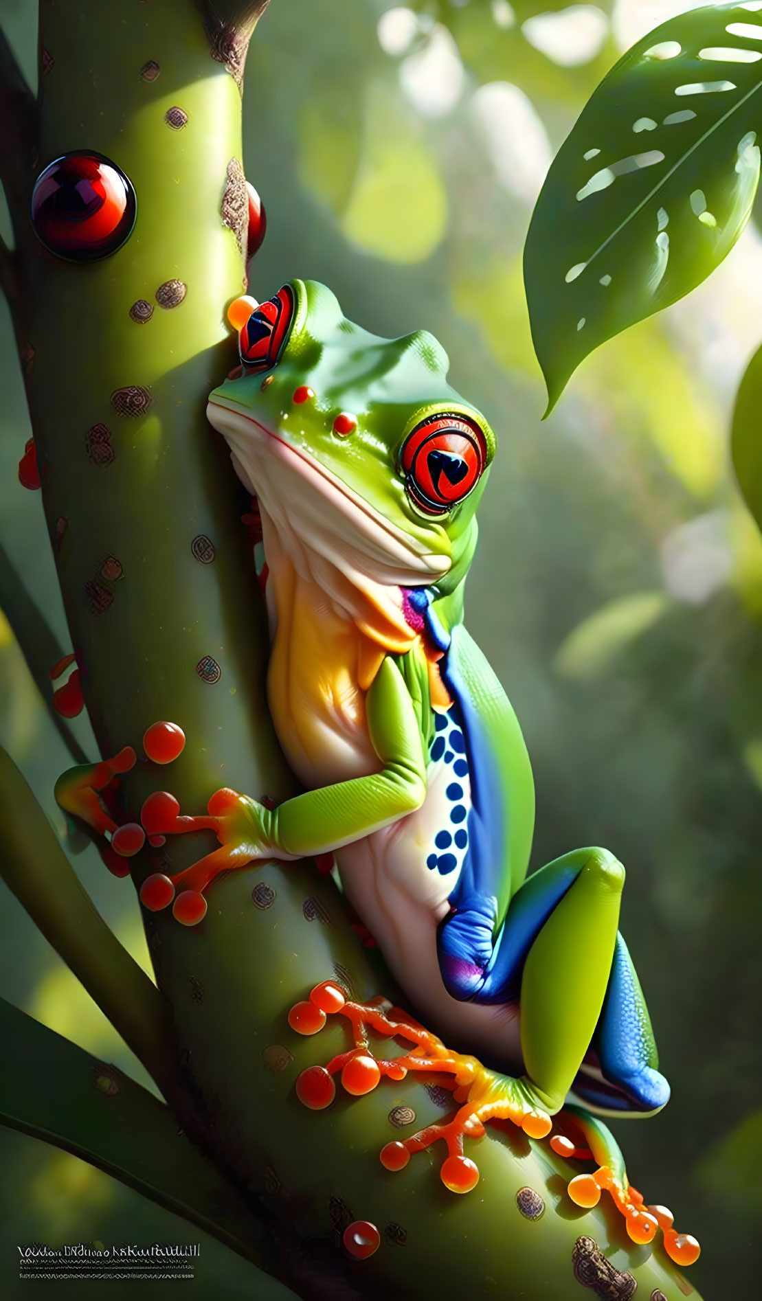 Vibrant digital illustration: stylized frog on branch with fungi and leaves