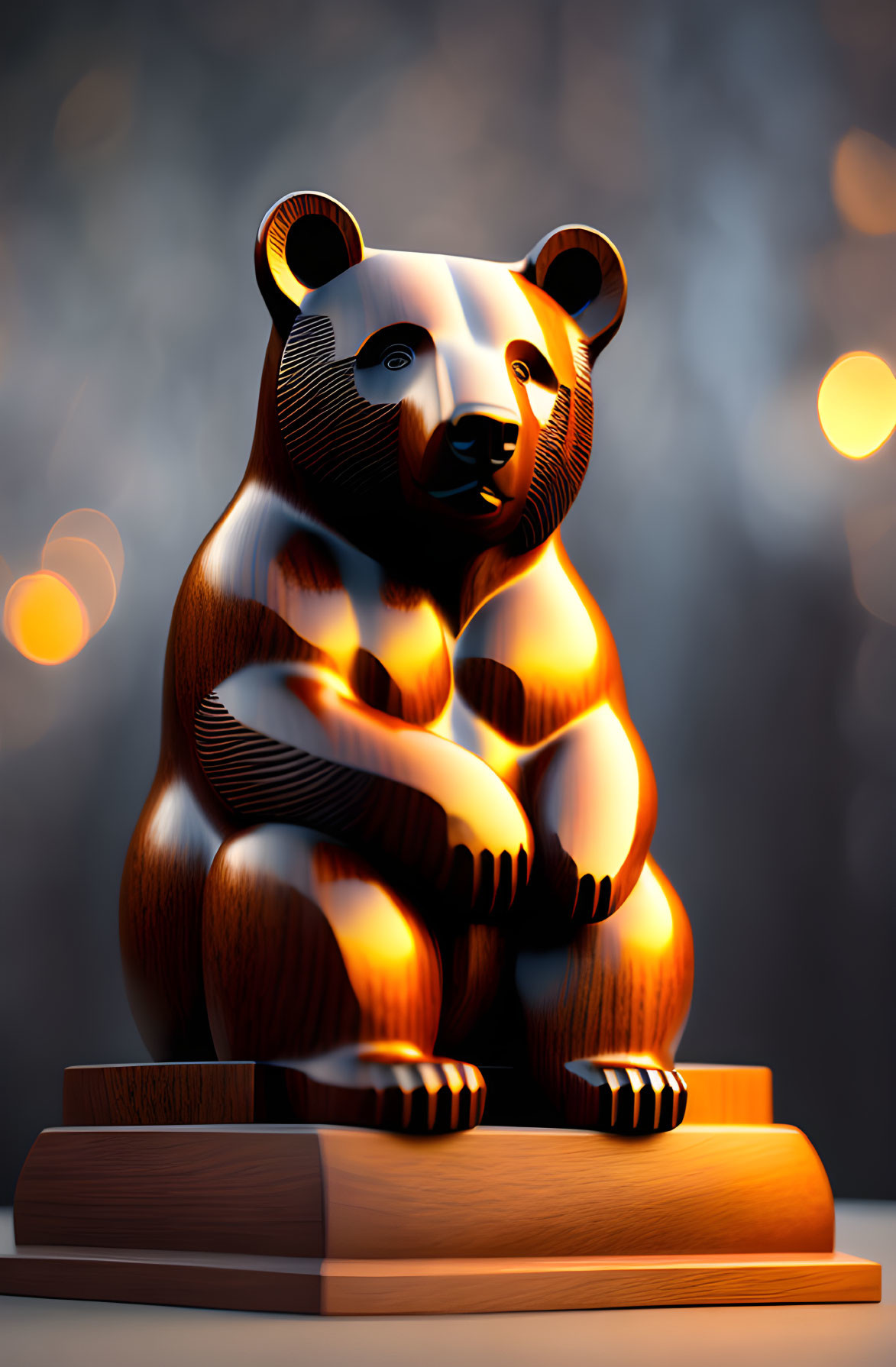 Glossy stylized sculpture of seated bear against warm glowing background