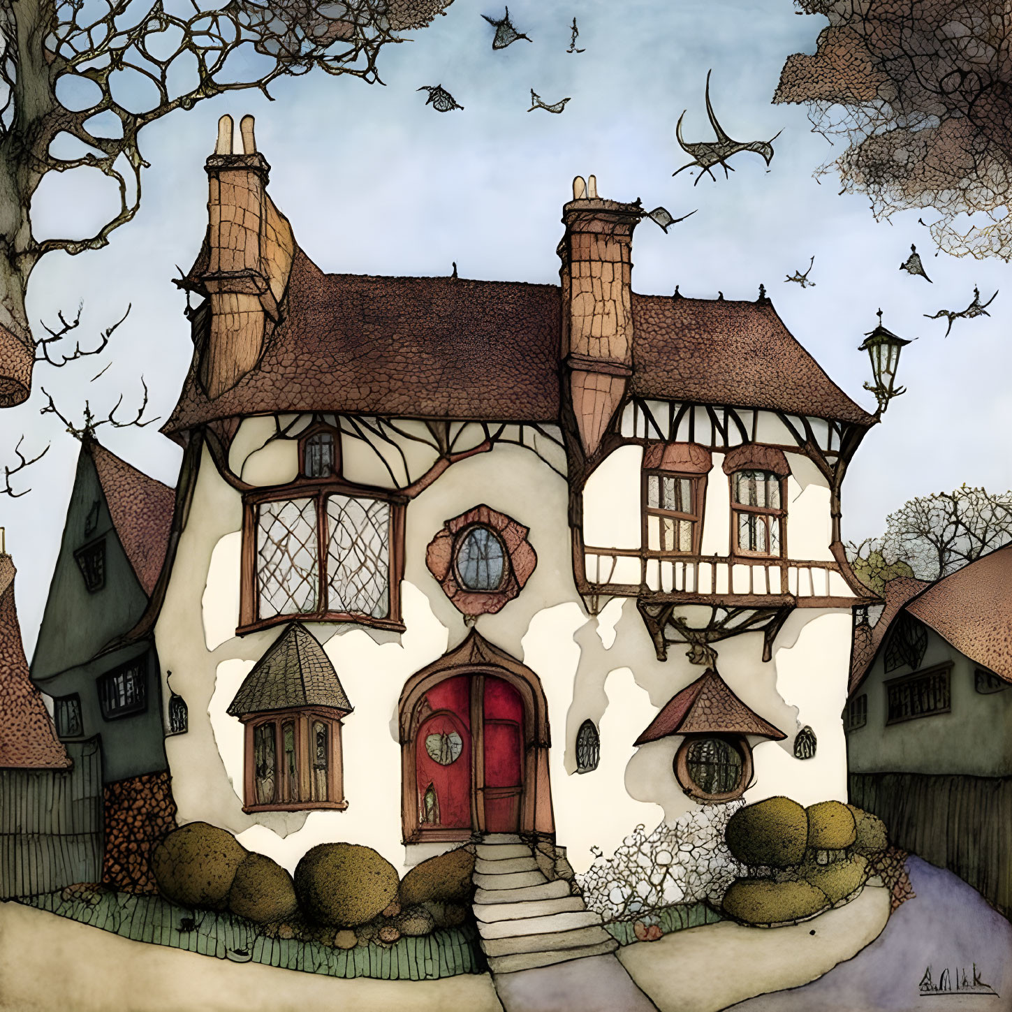 Illustrated quirky cottage with red door, rounded trees, flying birds, whimsical creature