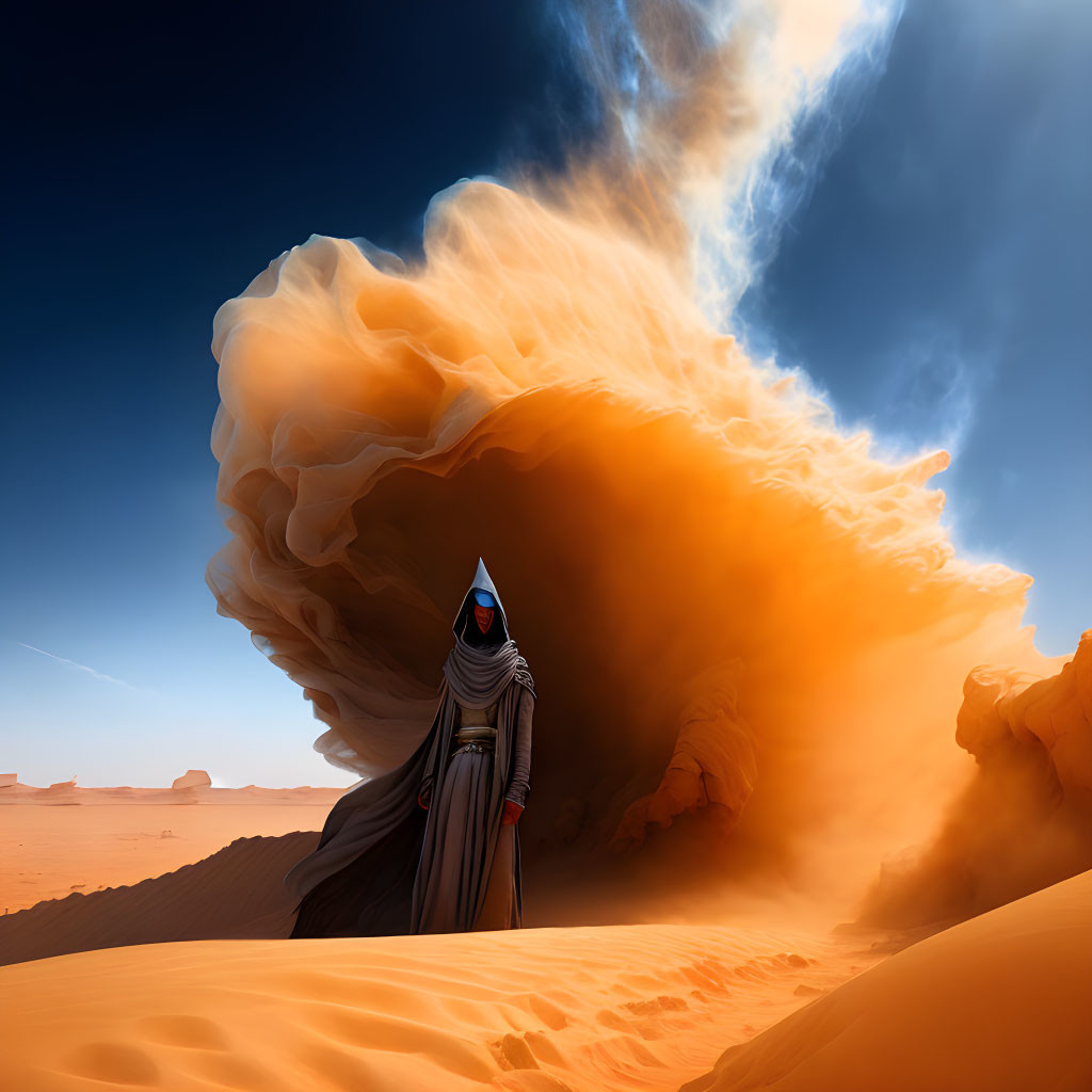 Cloaked Figure in Surreal Desert Cloud Formation