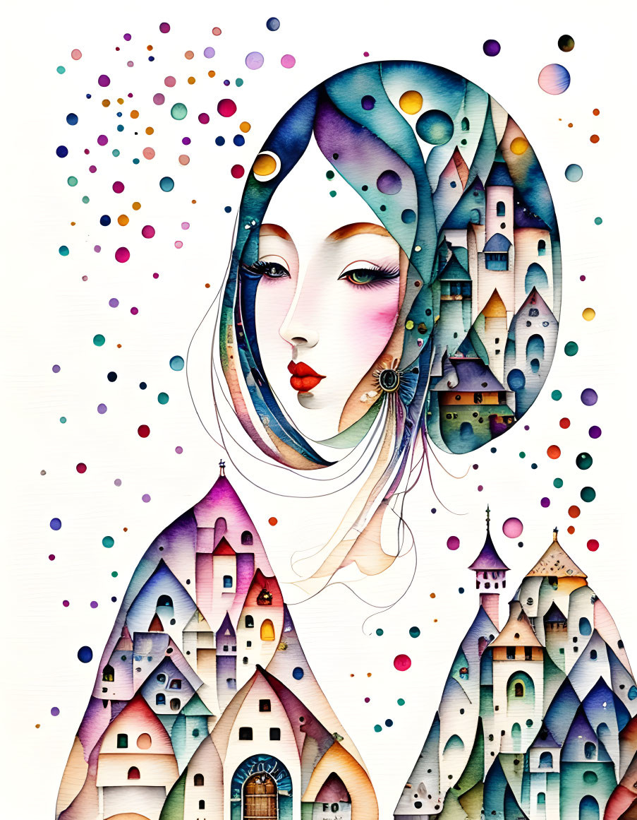 Vibrant profile illustration with castle-like structures and floating dots