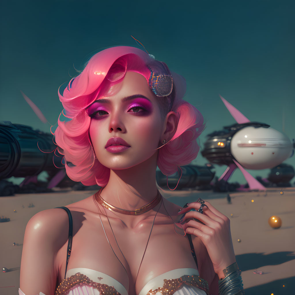 Futuristic woman with pink hair in purple eyeshadow and attire, surrounded by sci-fi vehicles