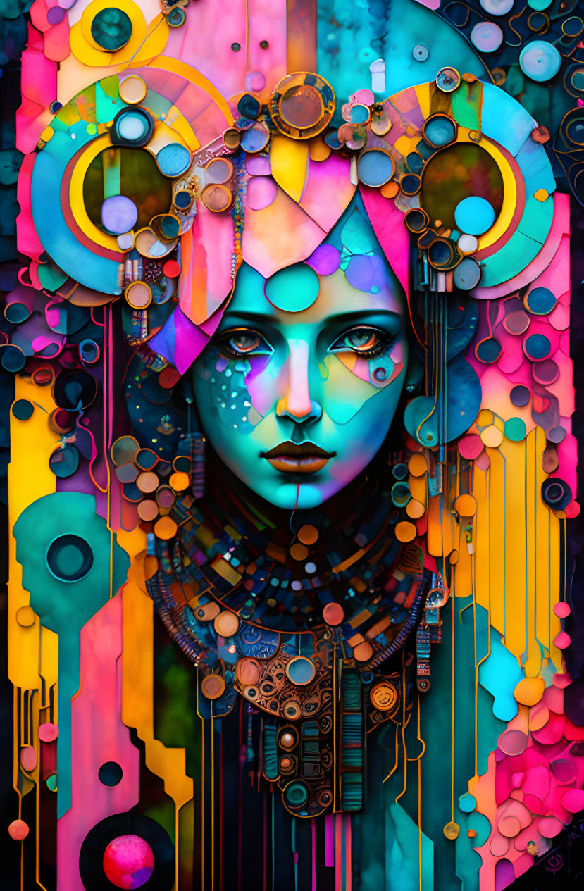 Blue-skinned woman with abstract headdress in colorful setting